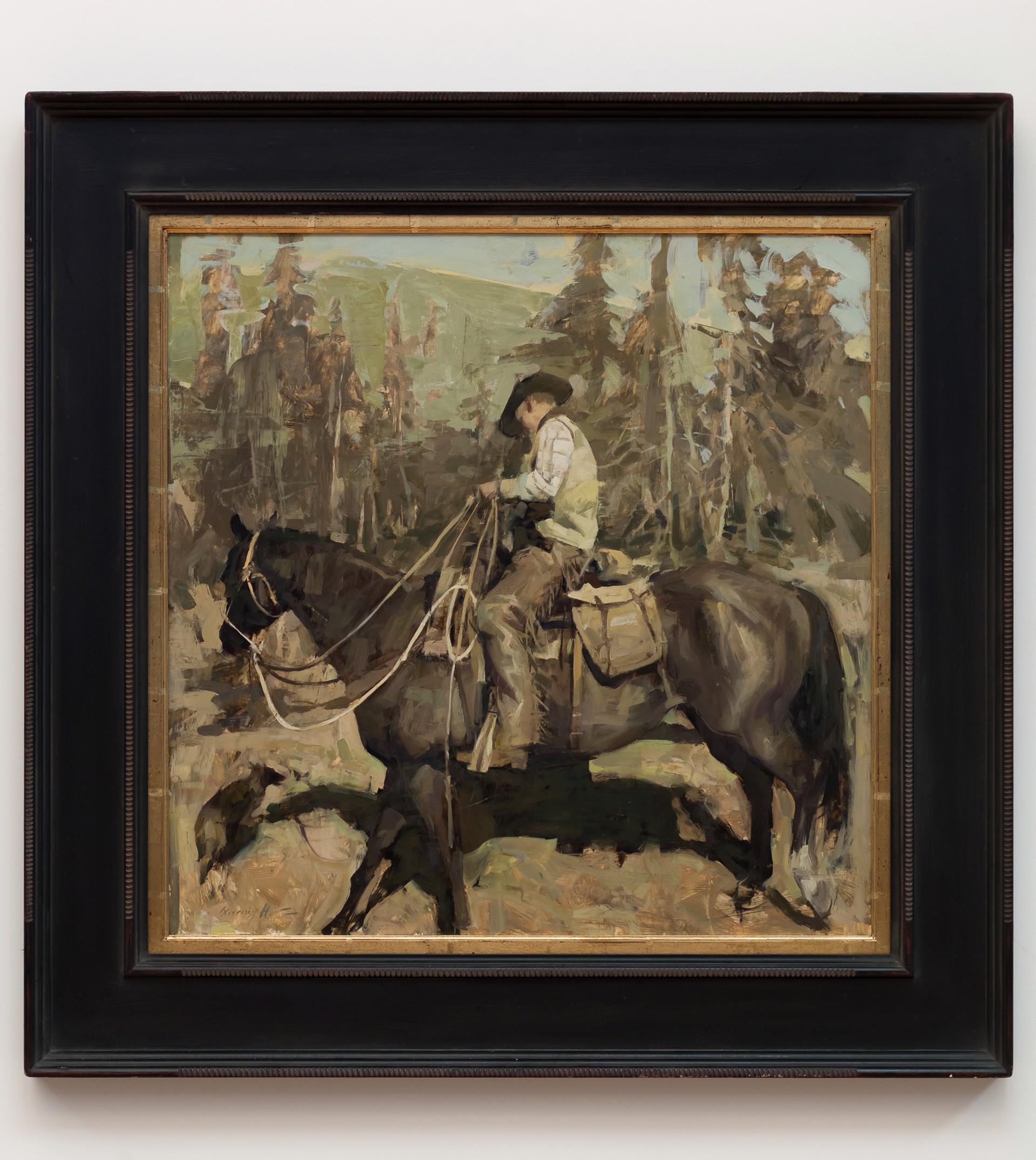 A painting of a man riding a horse in the woods.