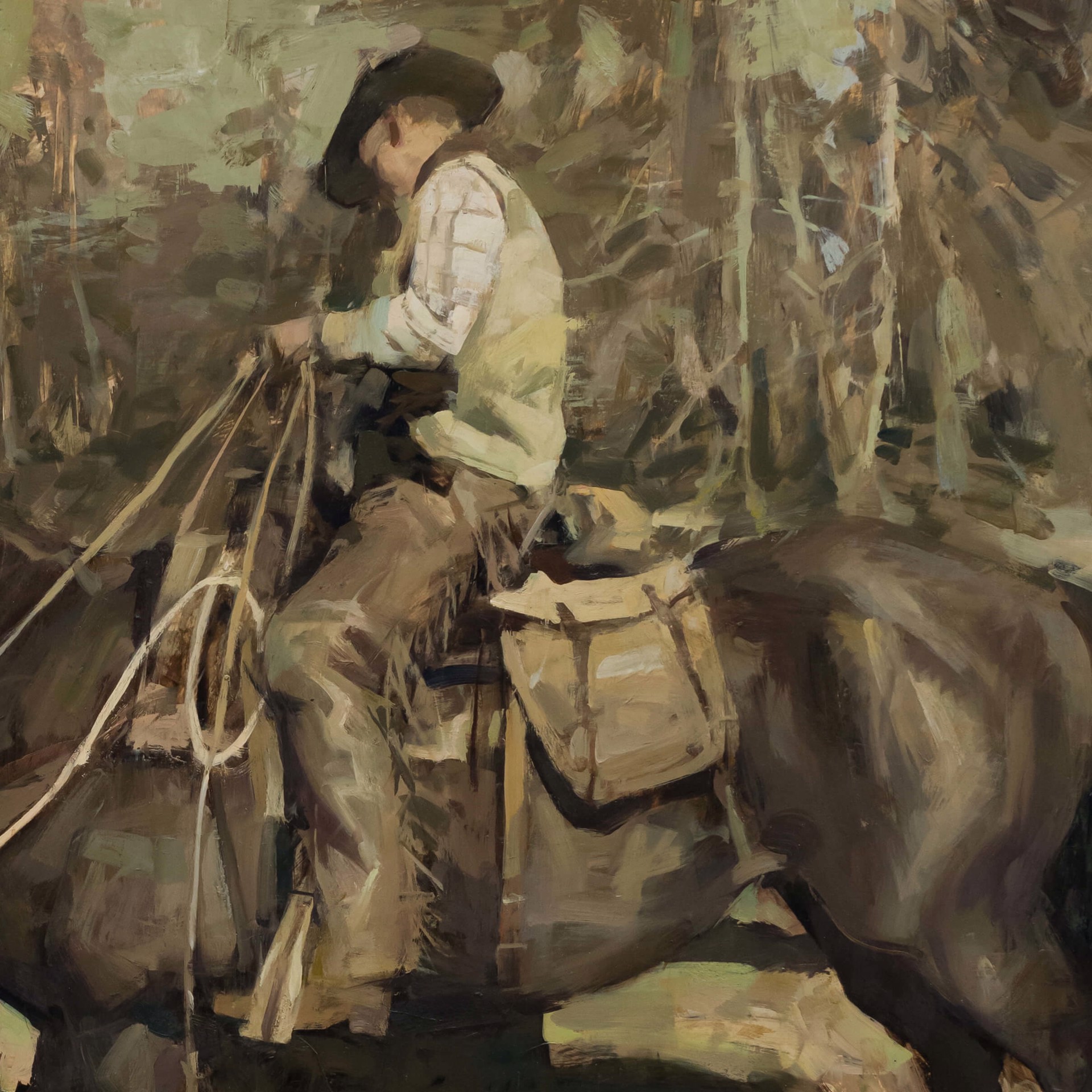 A painting of a man riding a horse in the woods.