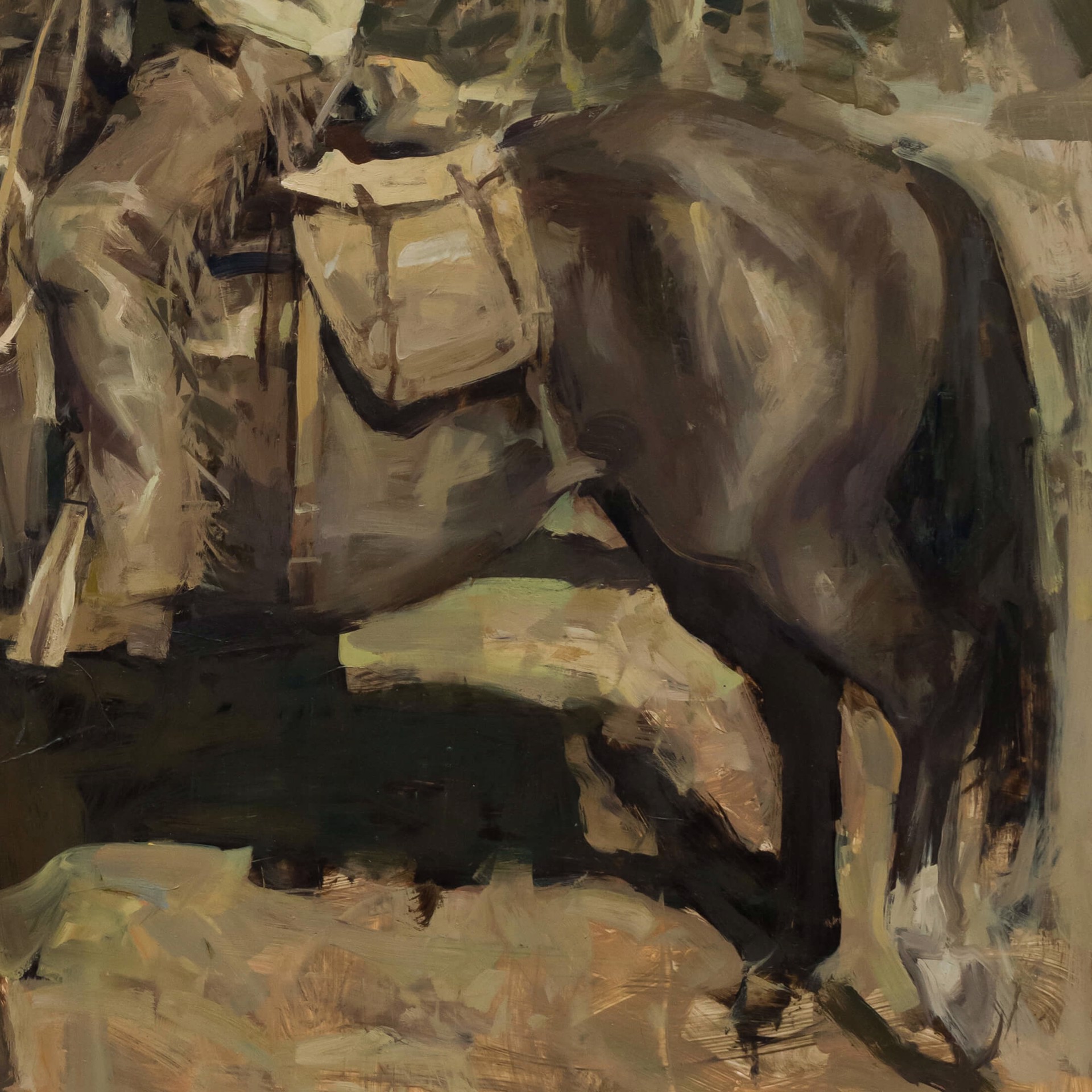 A painting of a man riding a horse in the woods.