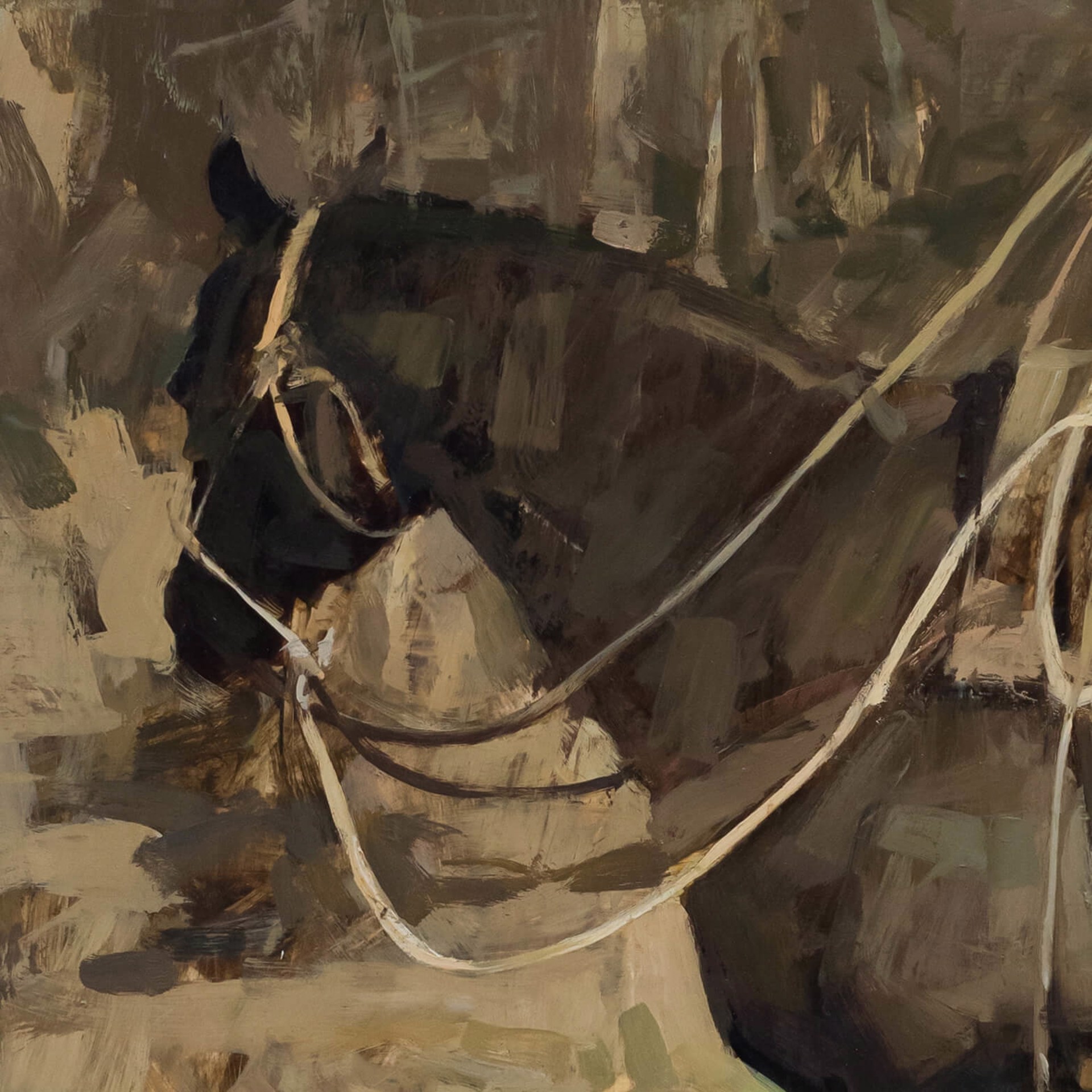 A painting of a man riding a horse in the woods.