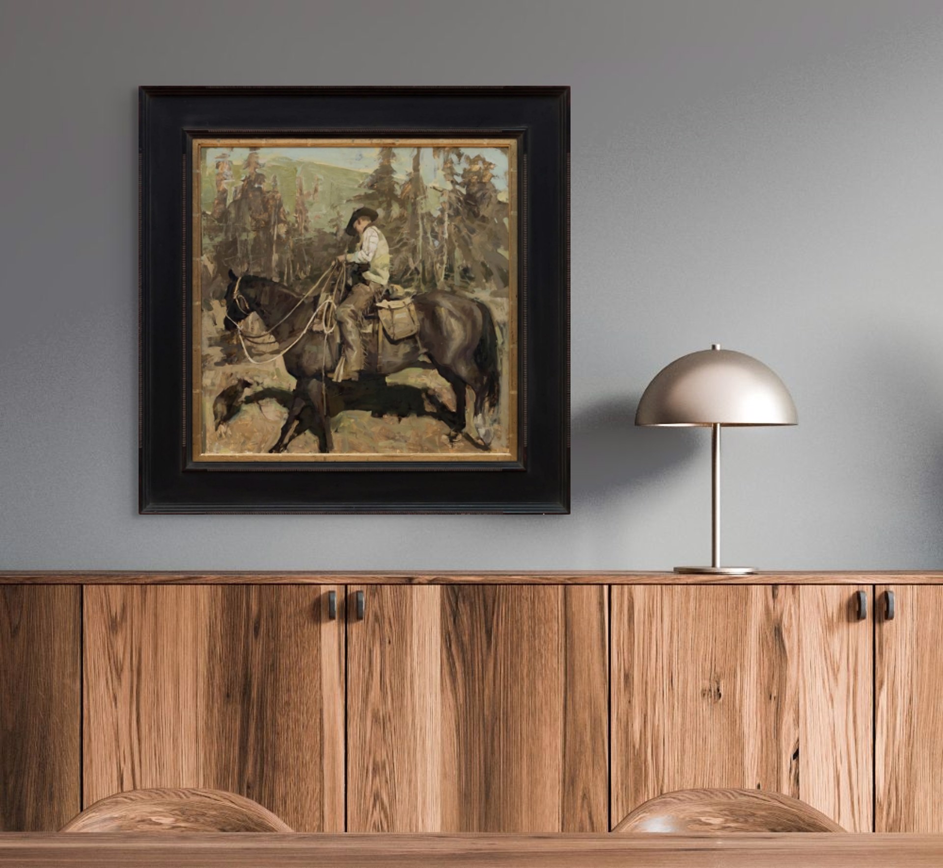 A painting of a man riding a horse in the woods.