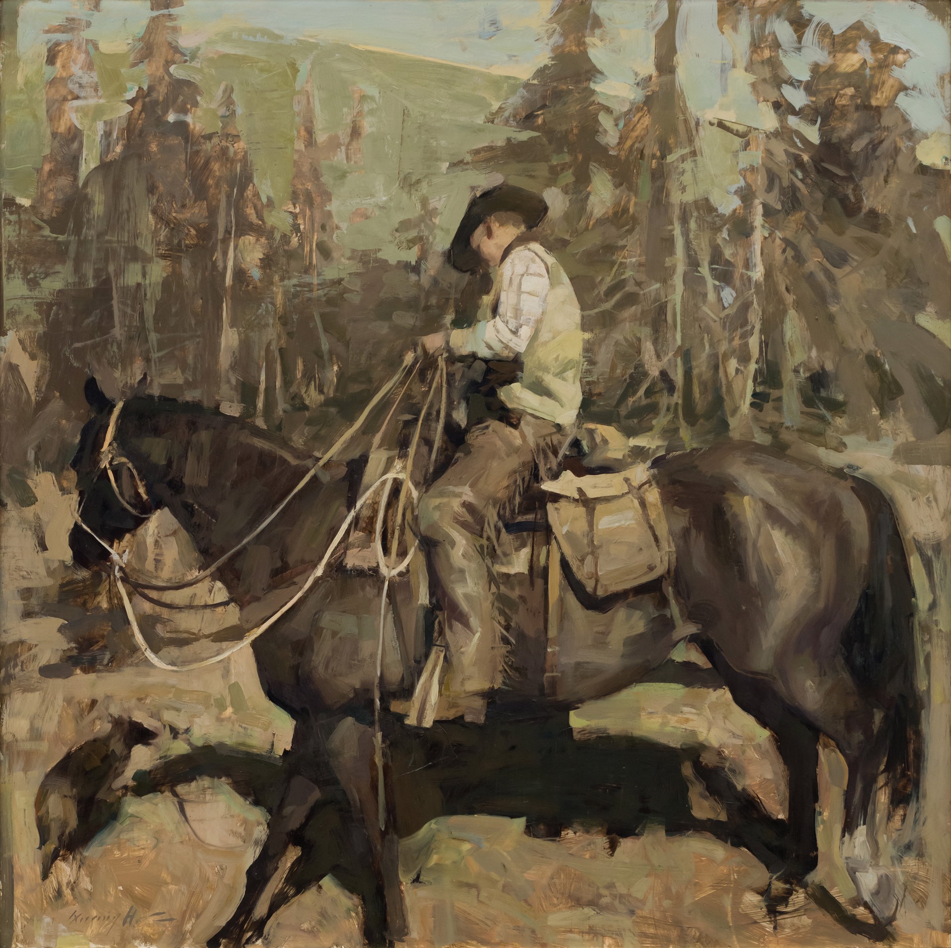 A painting of a man riding a horse in the woods.