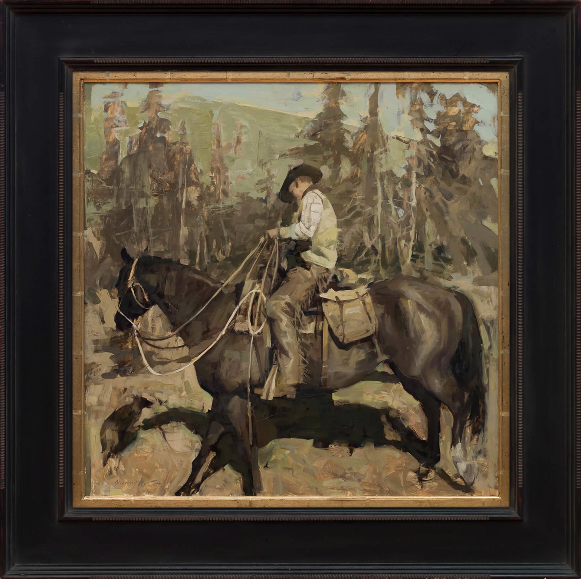 A painting of a man riding a horse in the woods.