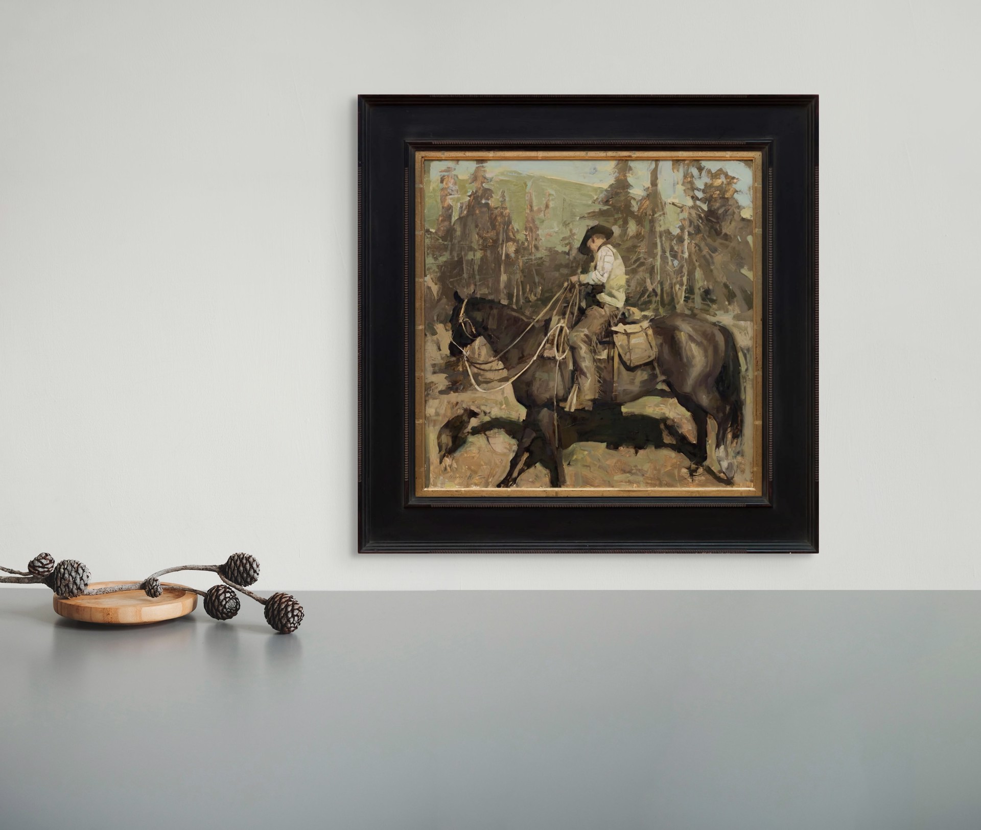 A painting of a man riding a horse in the woods.