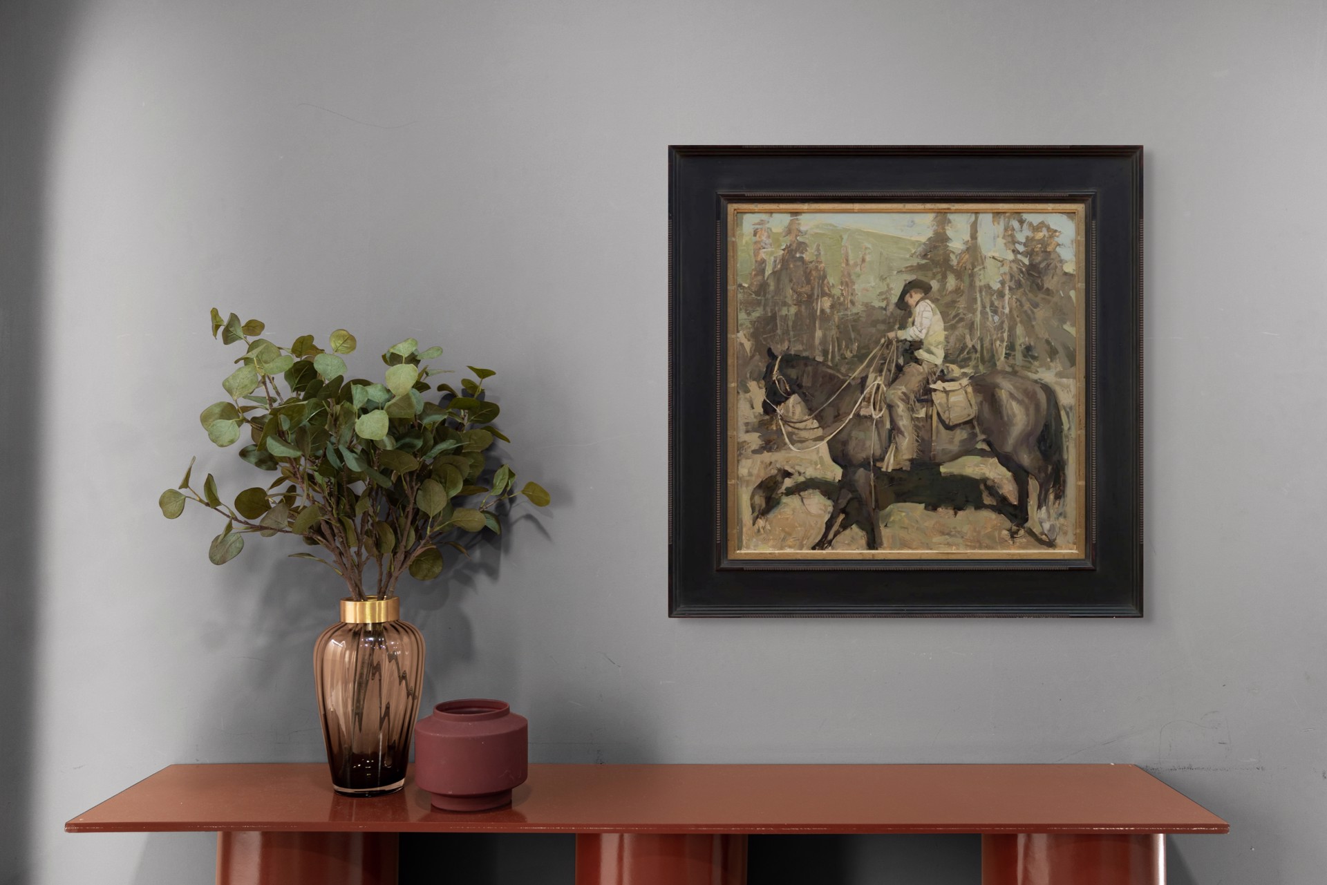 A painting of a man riding a horse in the woods.