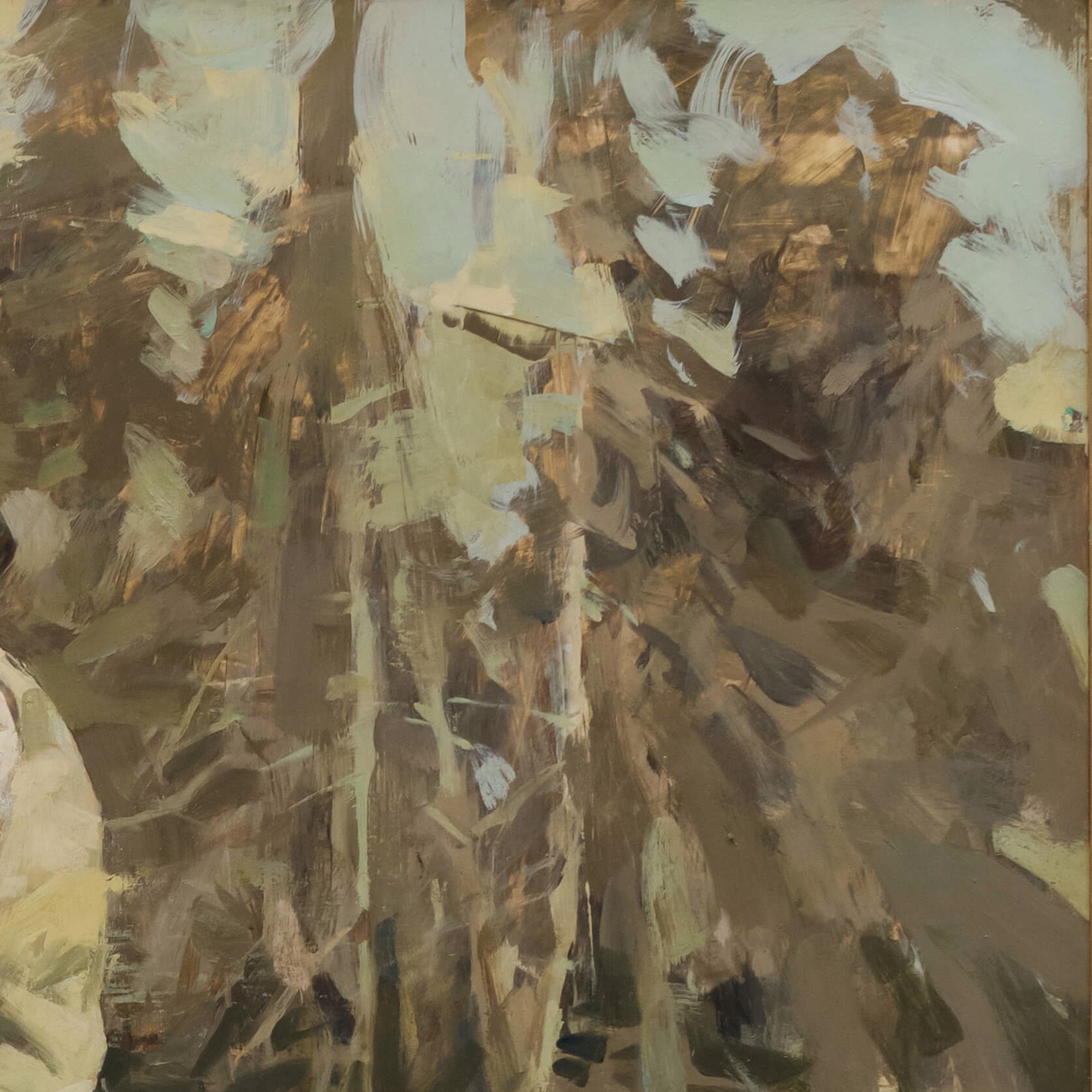A painting of a man riding a horse in the woods.