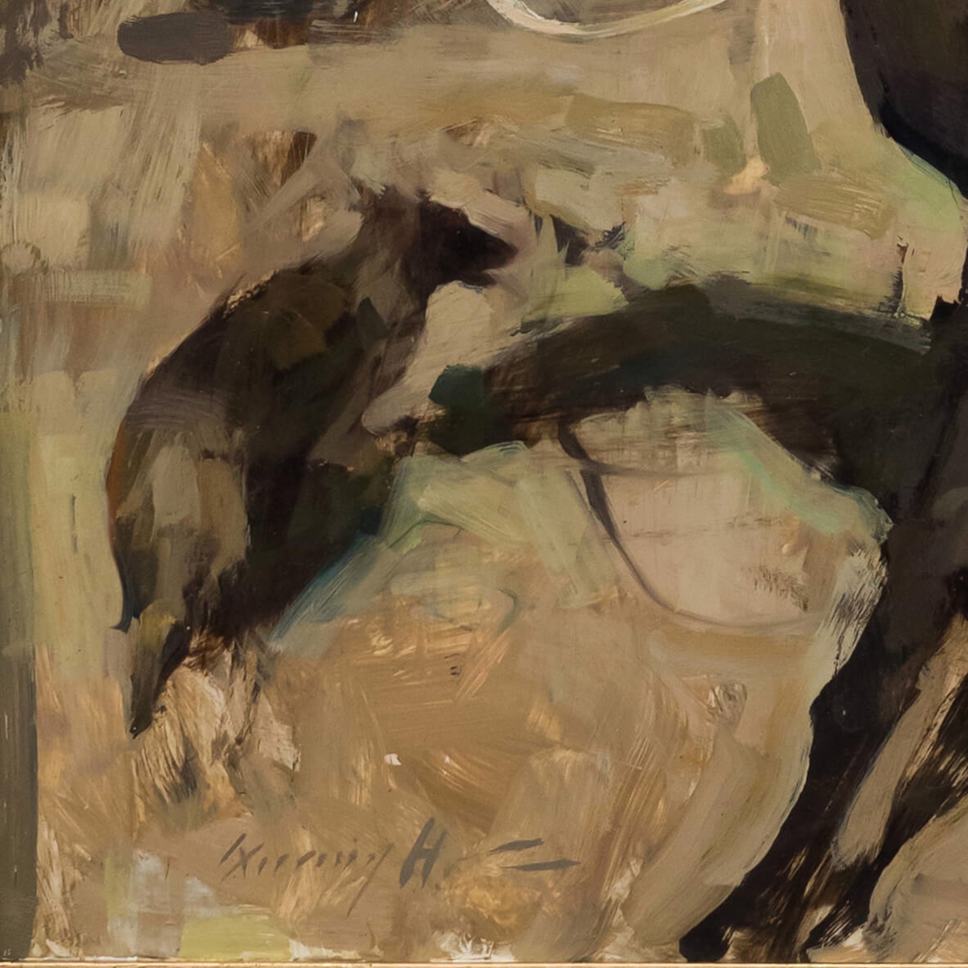 A painting of a man riding a horse in the woods.