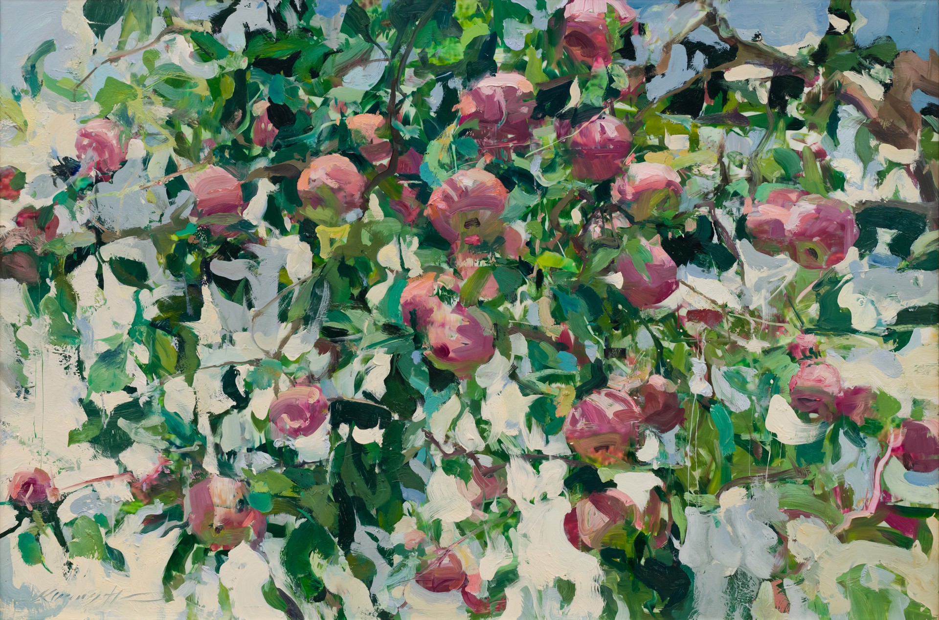 A painting of pink roses growing on a tree.
