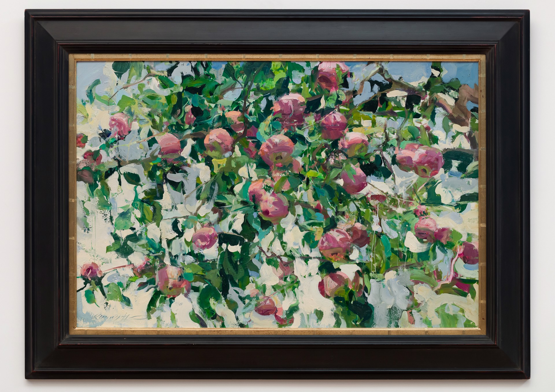 A painting of pink roses growing on a tree.