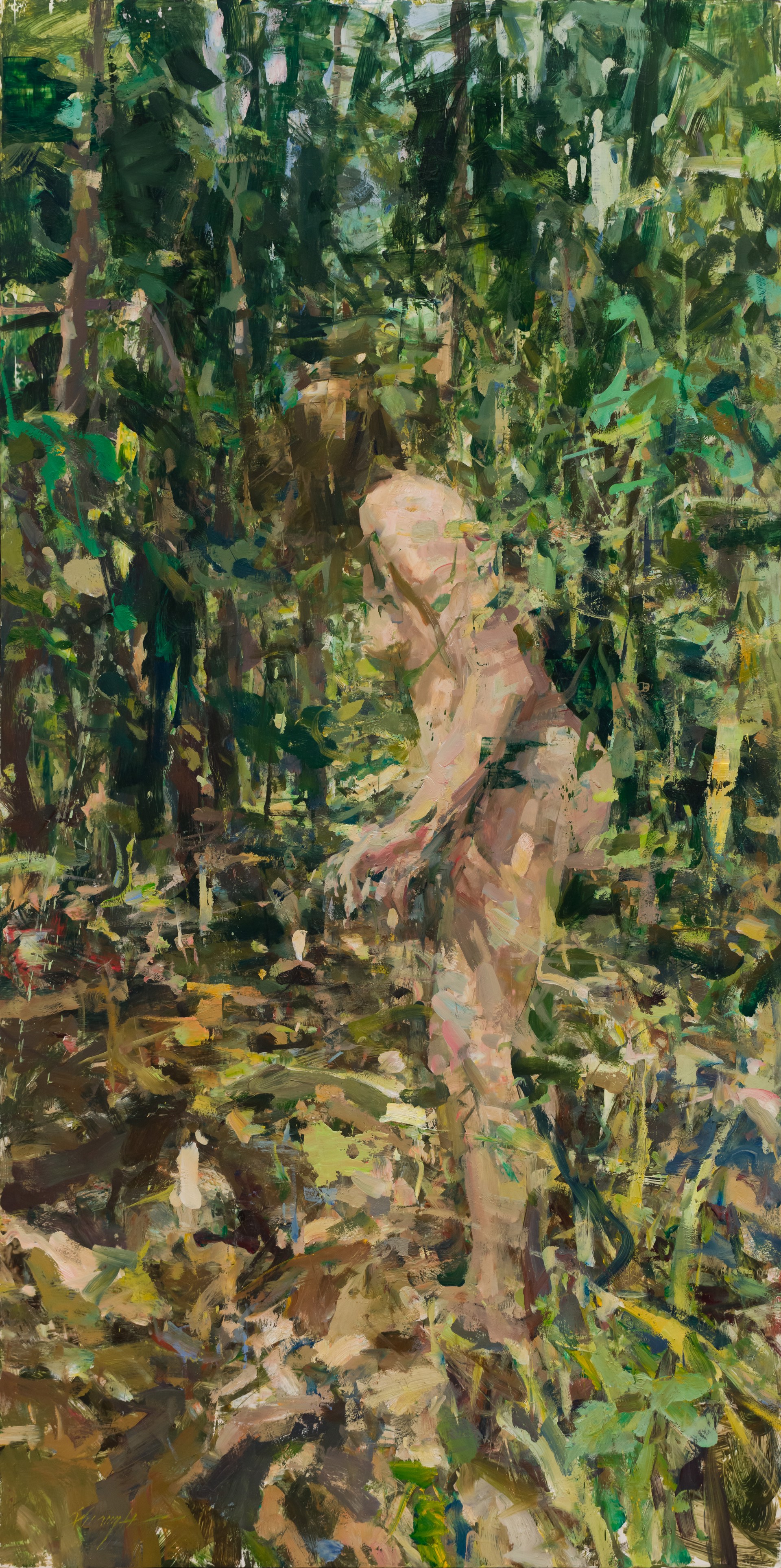 A painting of a nude woman walking through the woods.