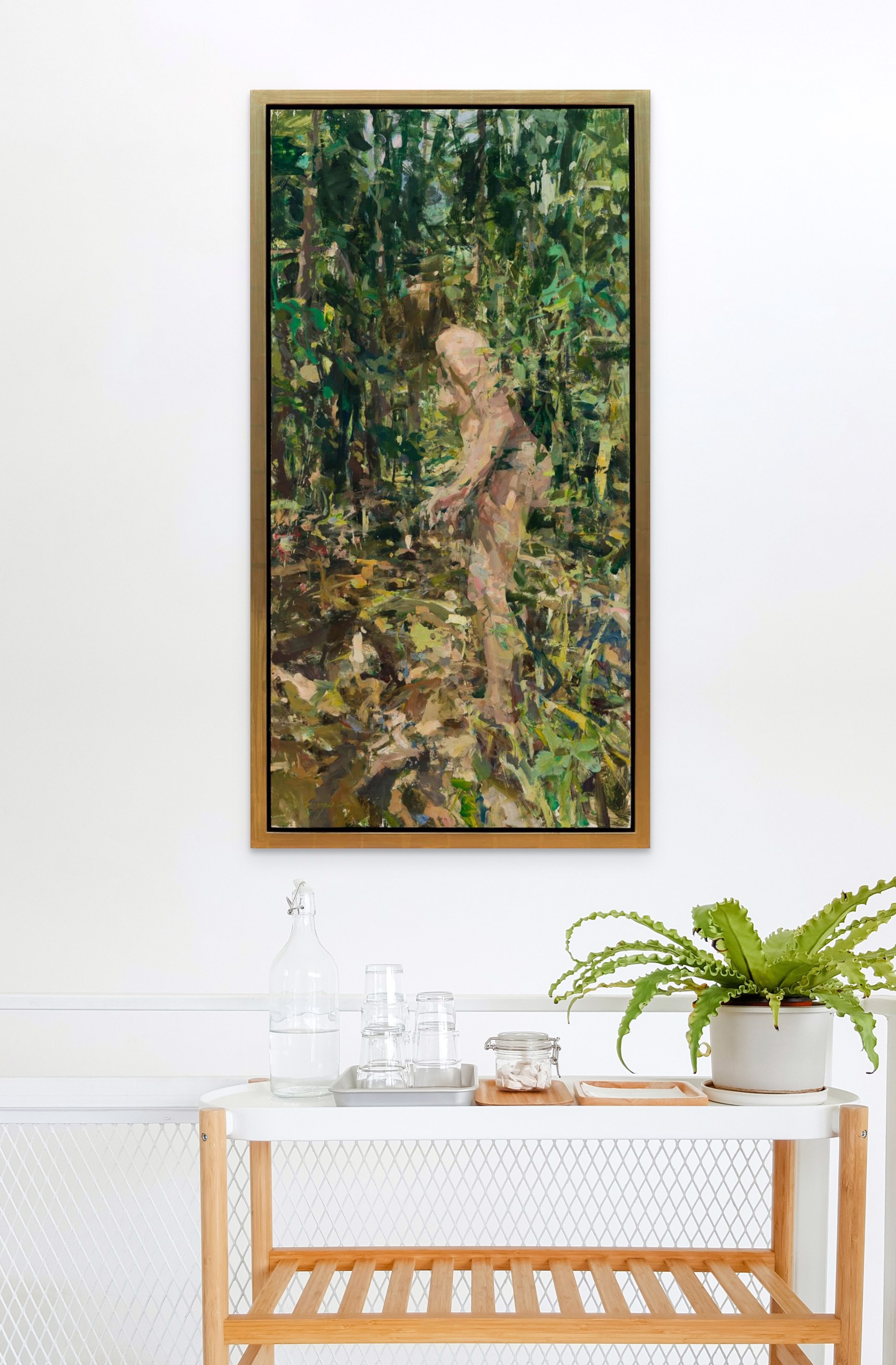 A painting of a nude woman walking through the woods.
