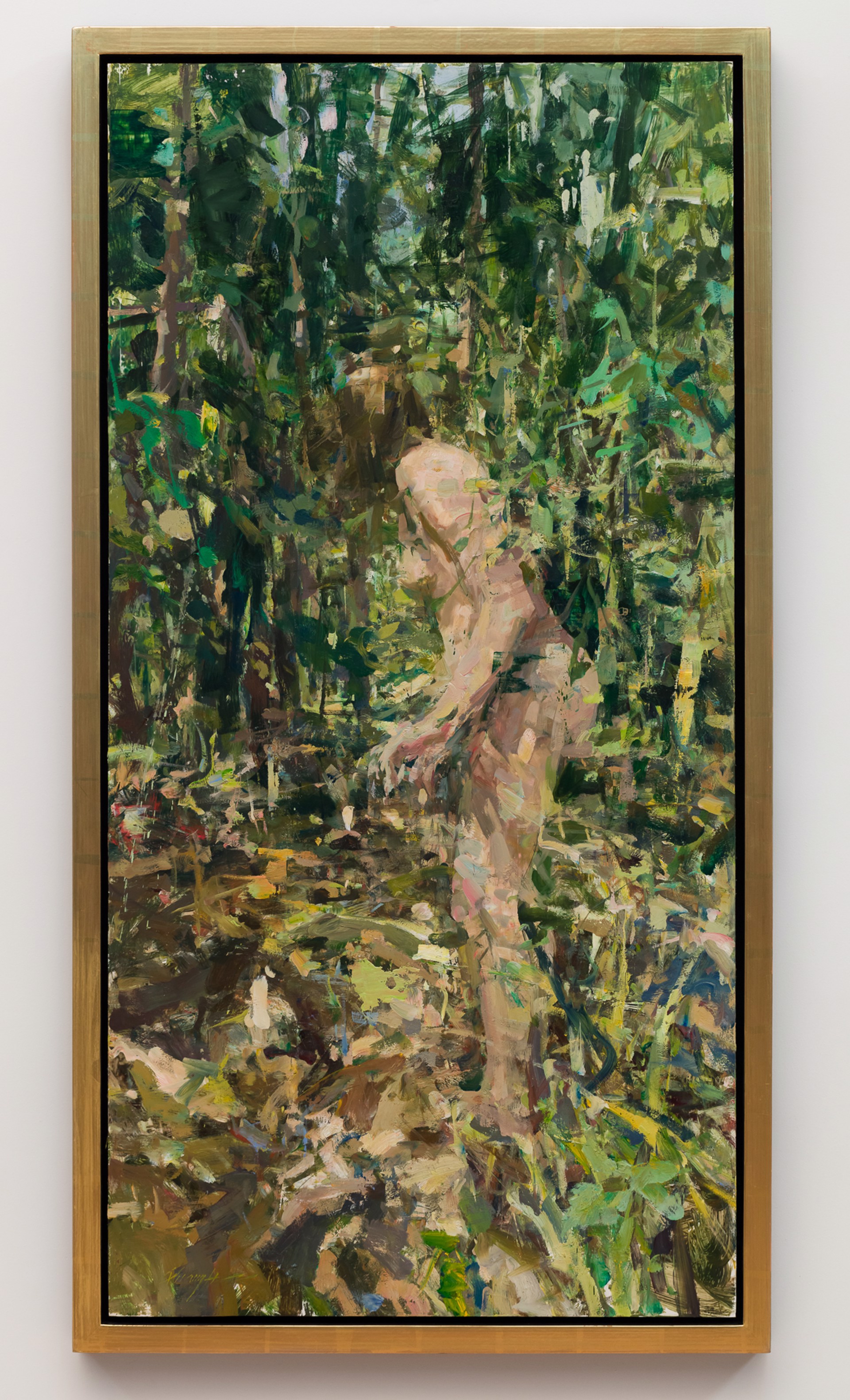 A painting of a nude woman walking through the woods.