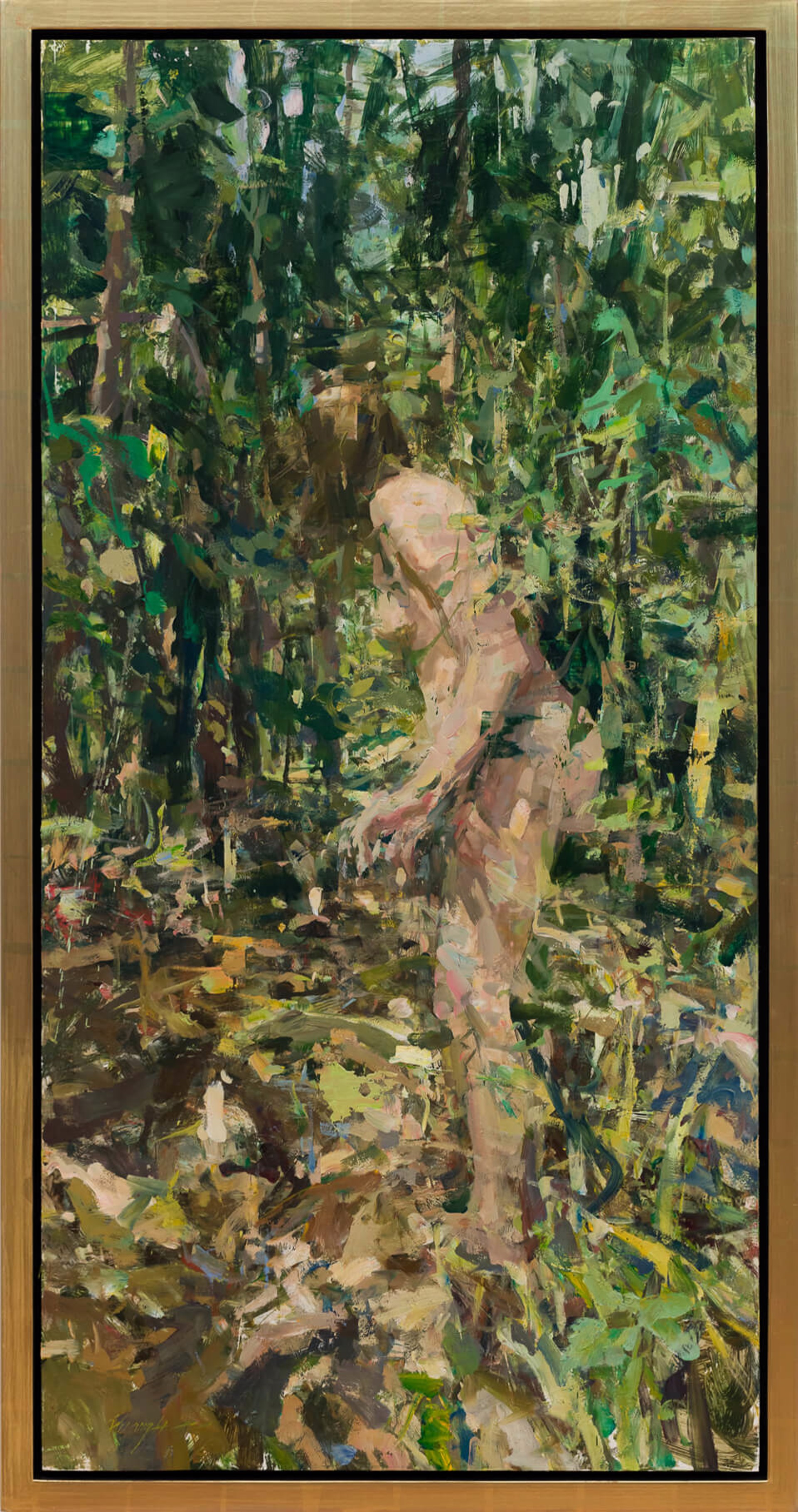 A painting of a nude woman walking through the woods.