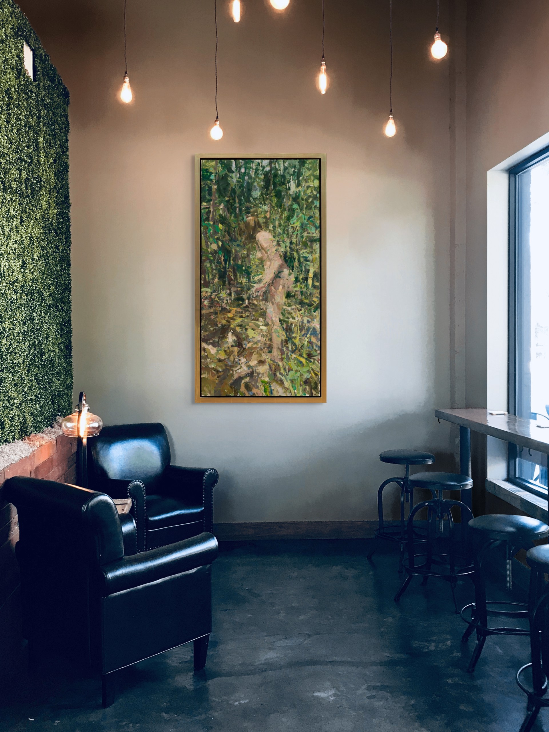 A painting of a nude woman walking through the woods.