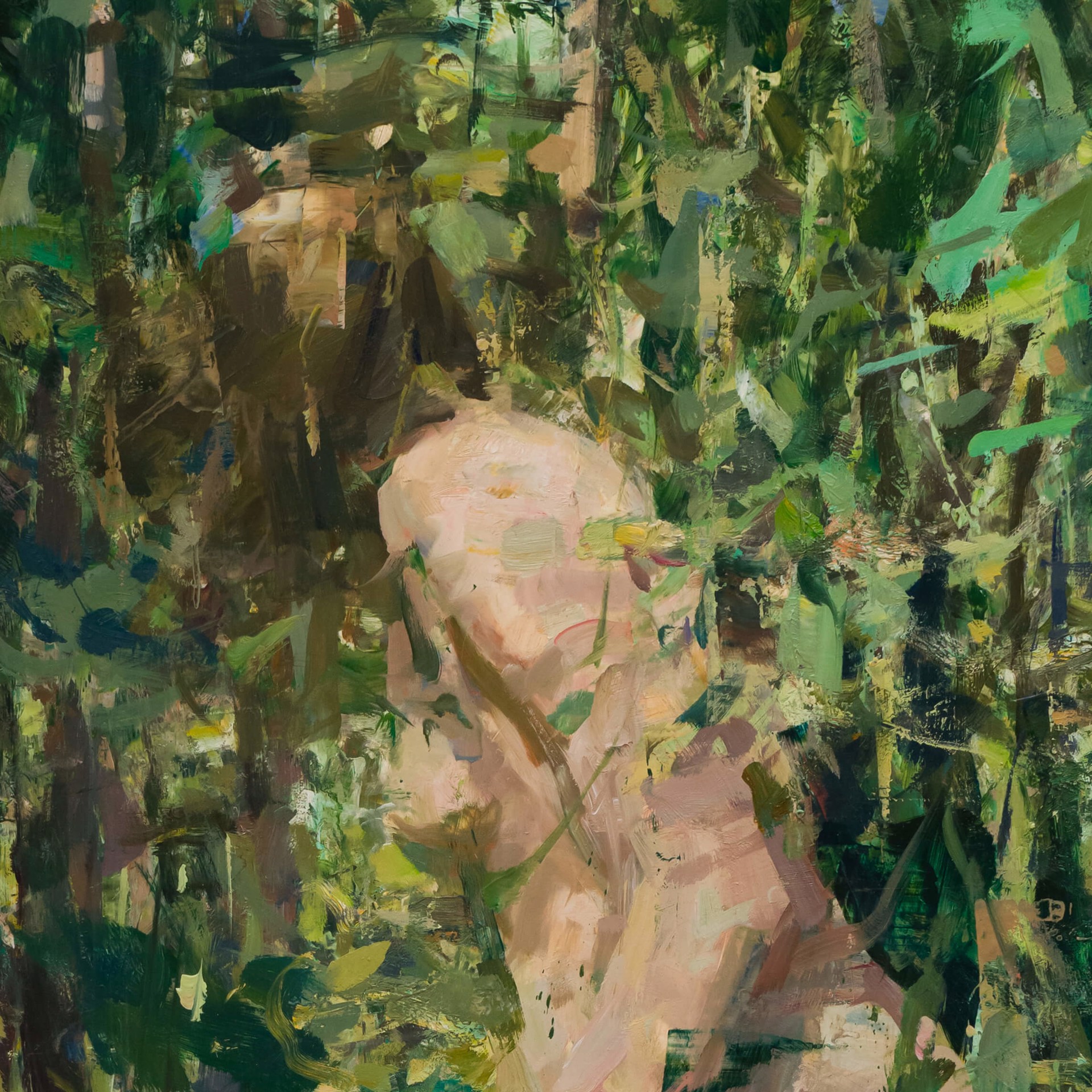 A painting of a nude woman walking through the woods.