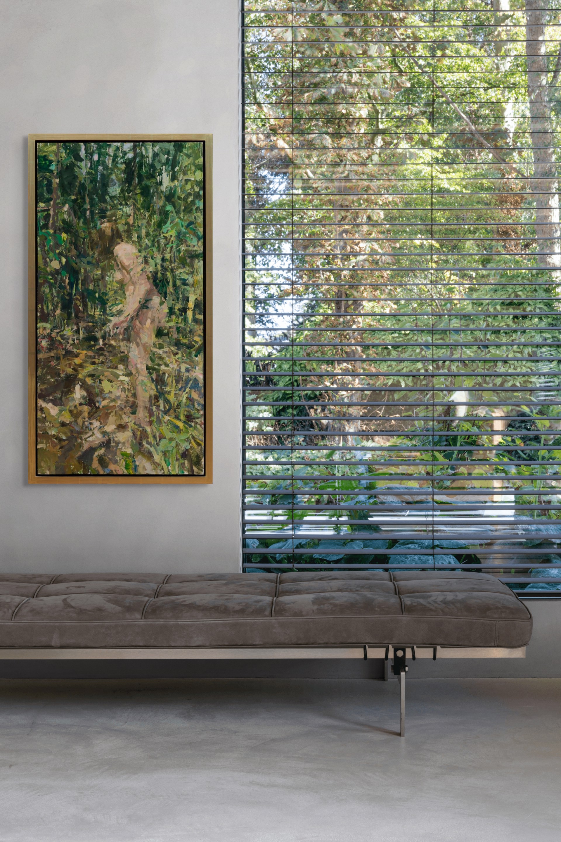 A painting of a nude woman walking through the woods.