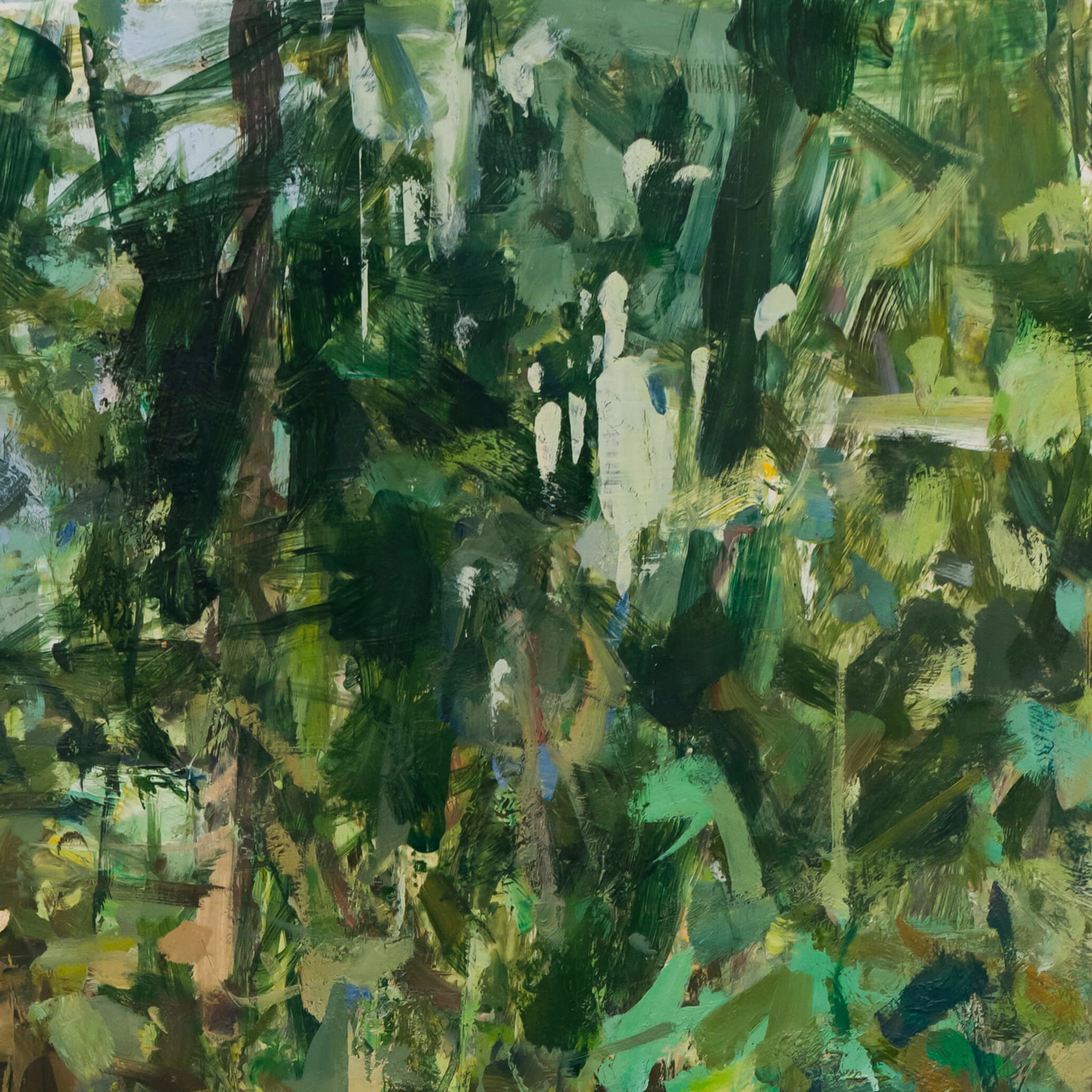 A painting of a nude woman walking through the woods.