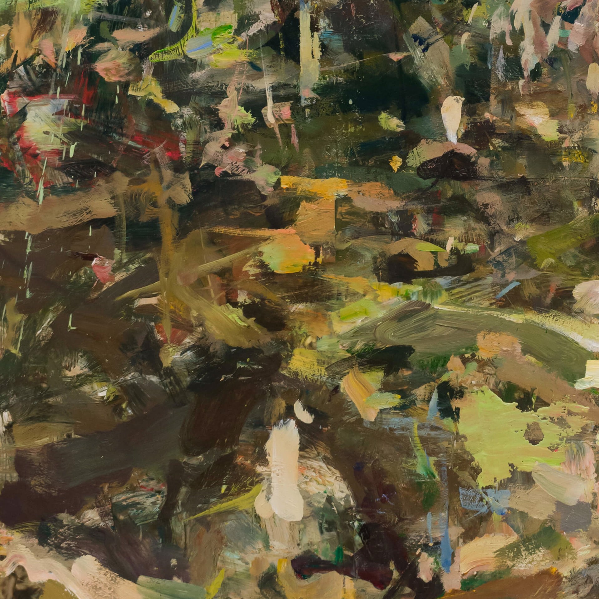 A painting of a nude woman walking through the woods.