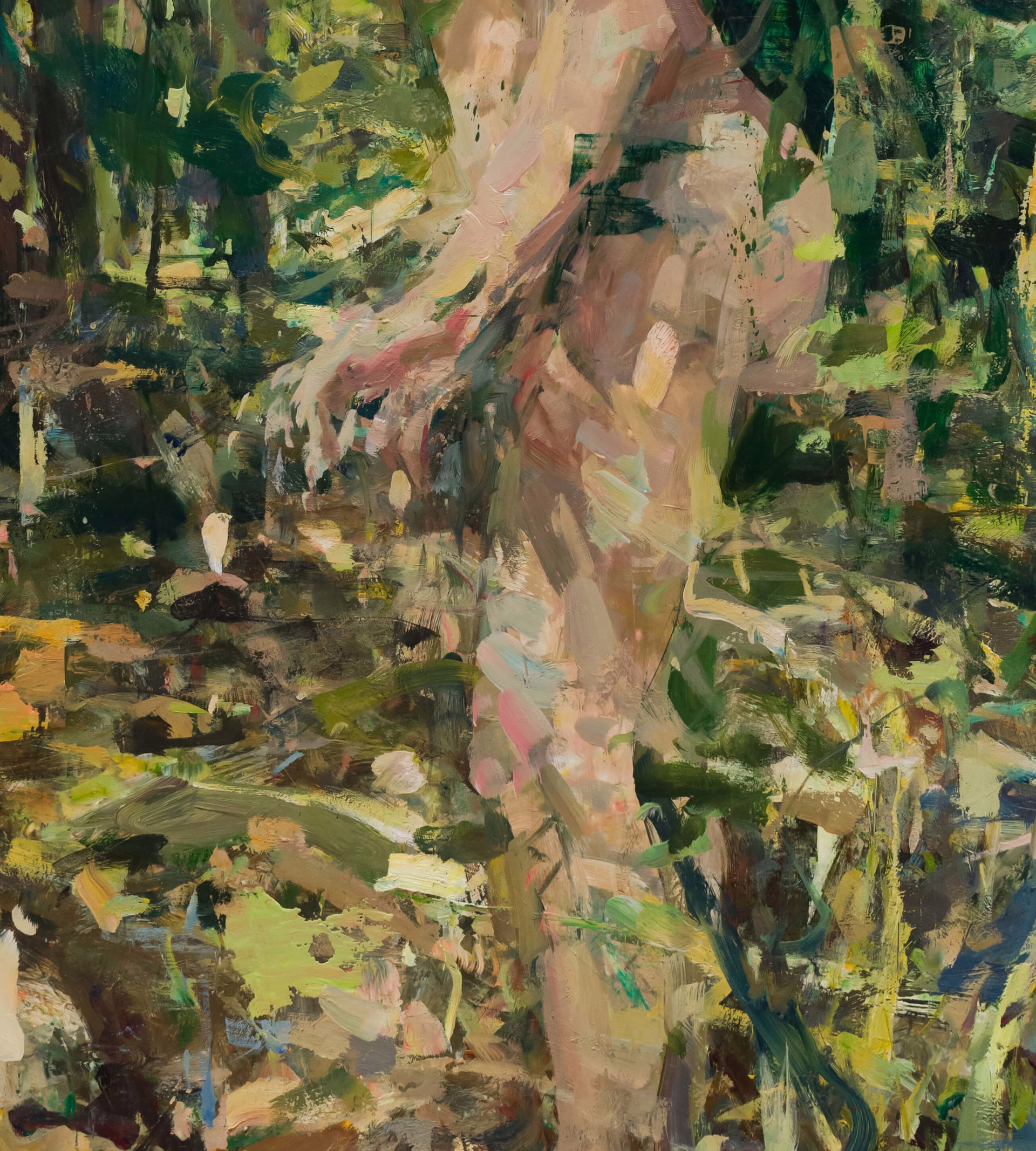 A painting of a nude woman walking through the woods.