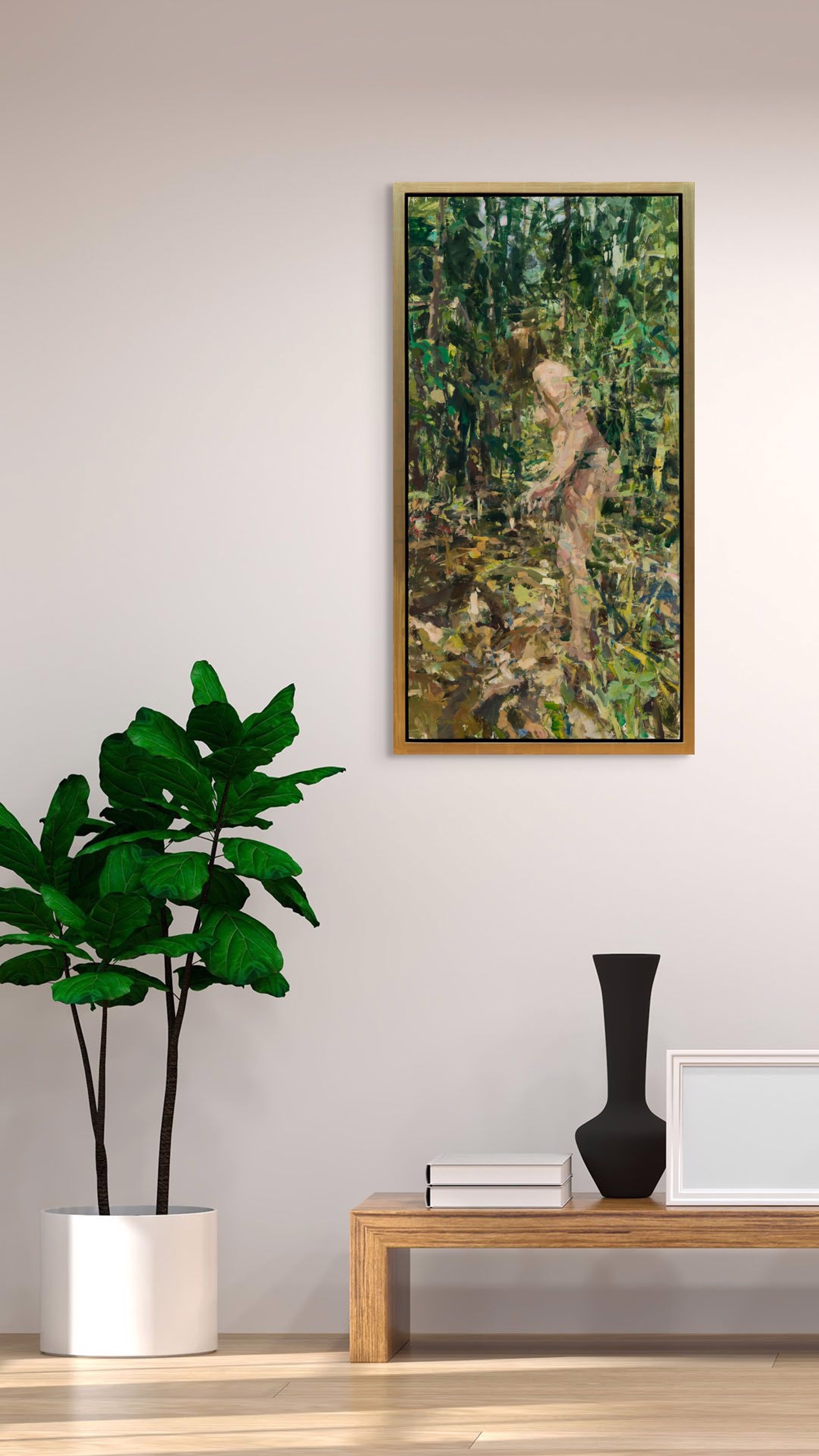 A painting of a nude woman walking through the woods.