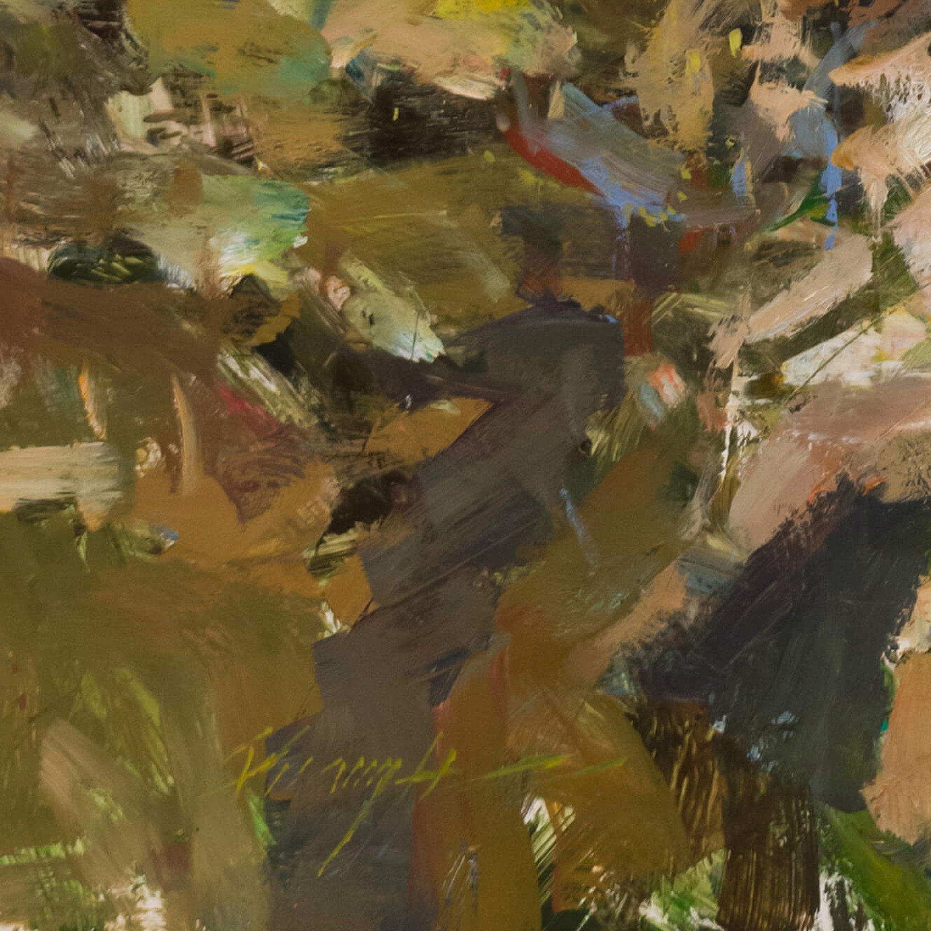 A painting of a nude woman walking through the woods.
