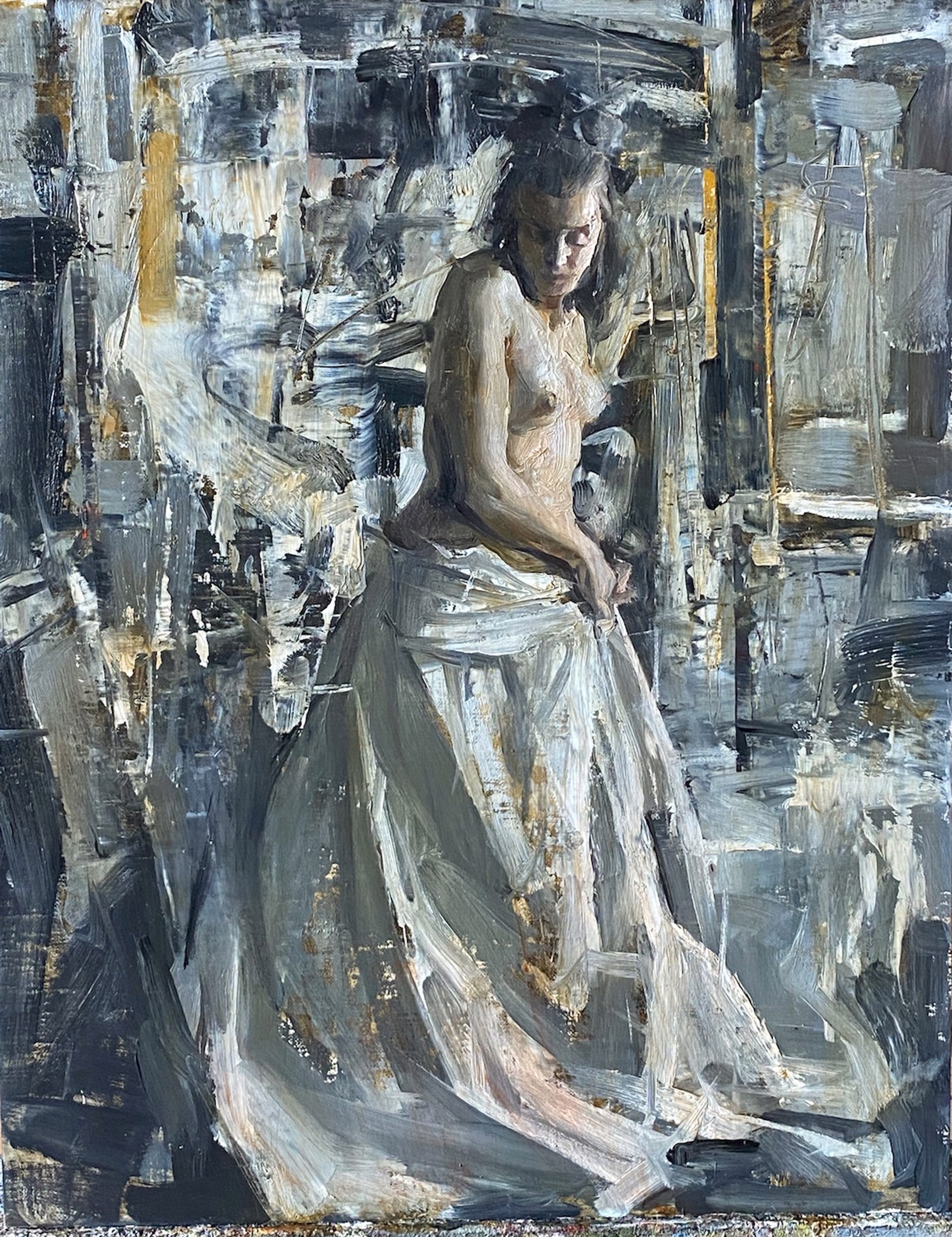 A painting of a woman in a white dress.