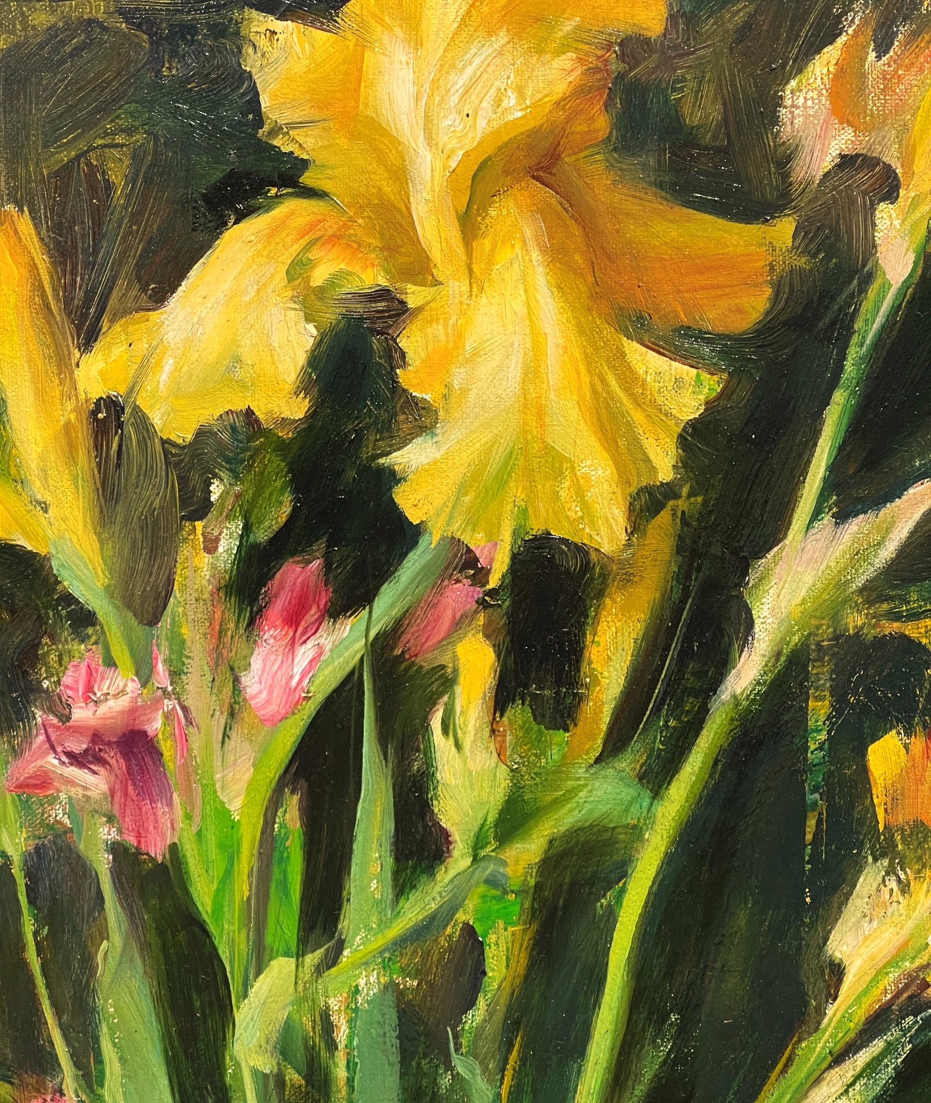 A painting of yellow flowers in a vase on a table.