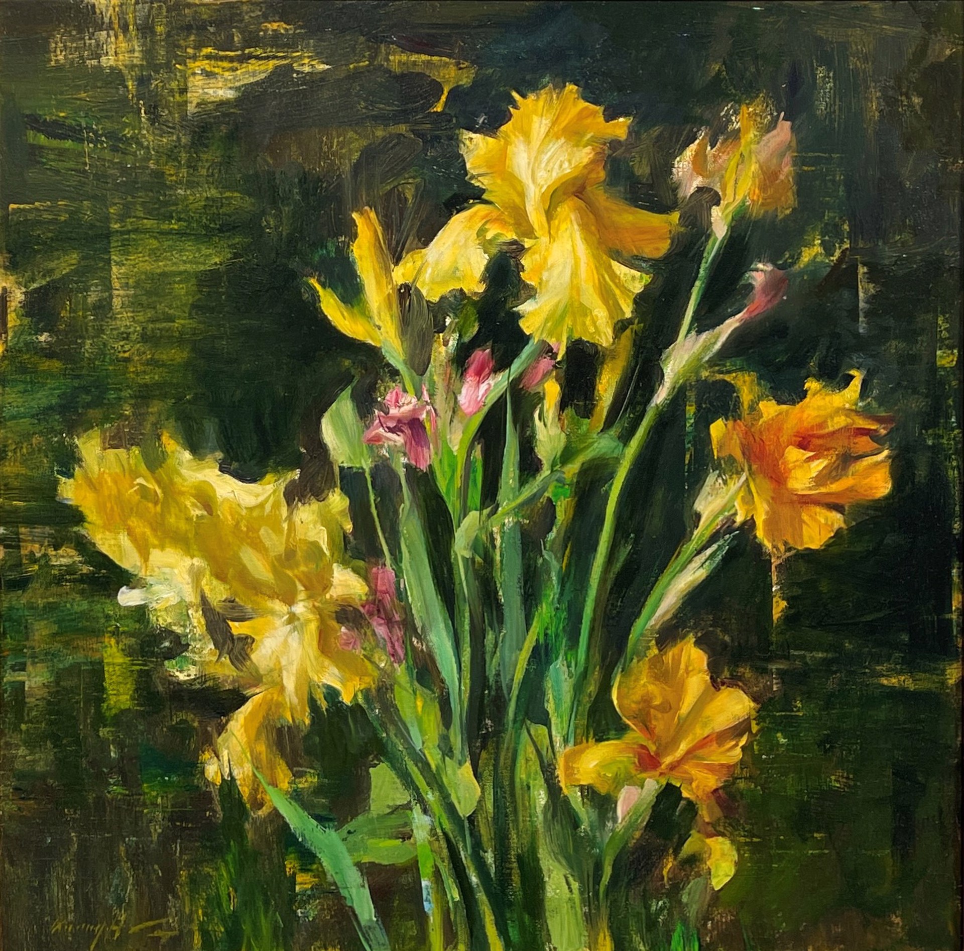 A painting of yellow flowers in a vase on a table.