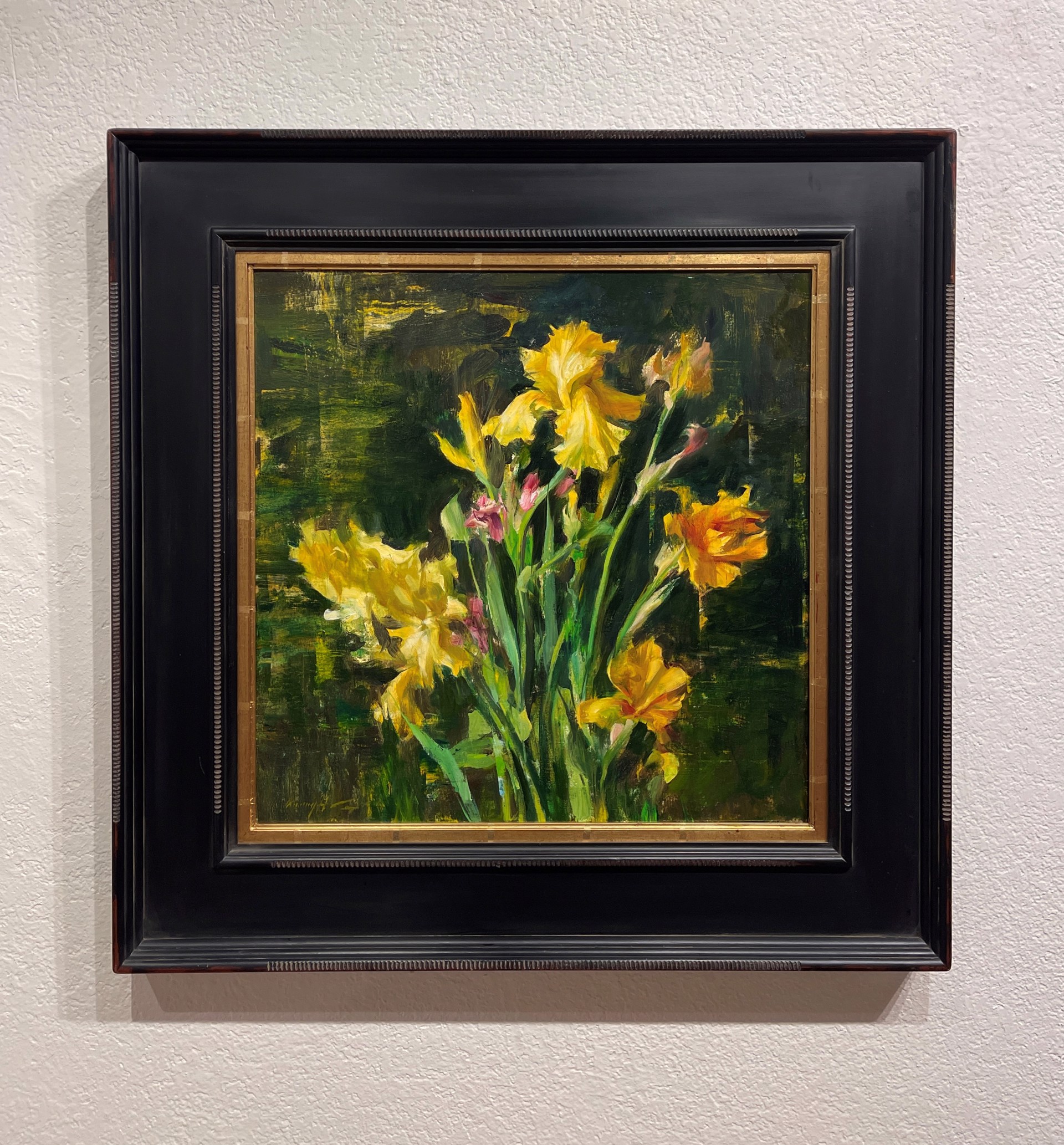 A painting of yellow flowers in a vase on a table.