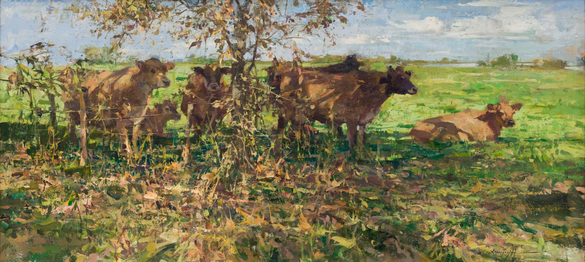 A painting of cows in a grassy field under a tree.
