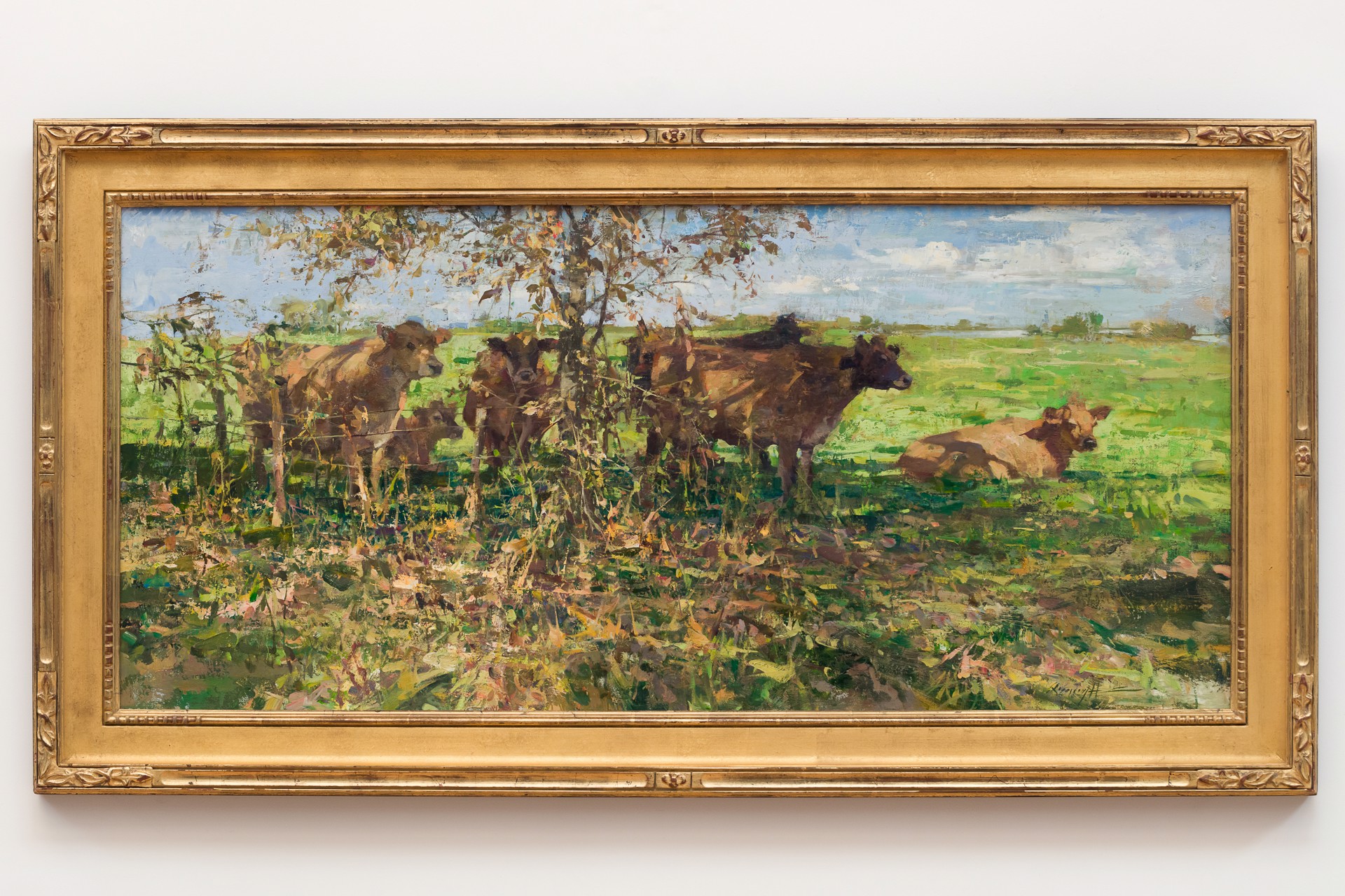 A painting of cows in a grassy field under a tree.