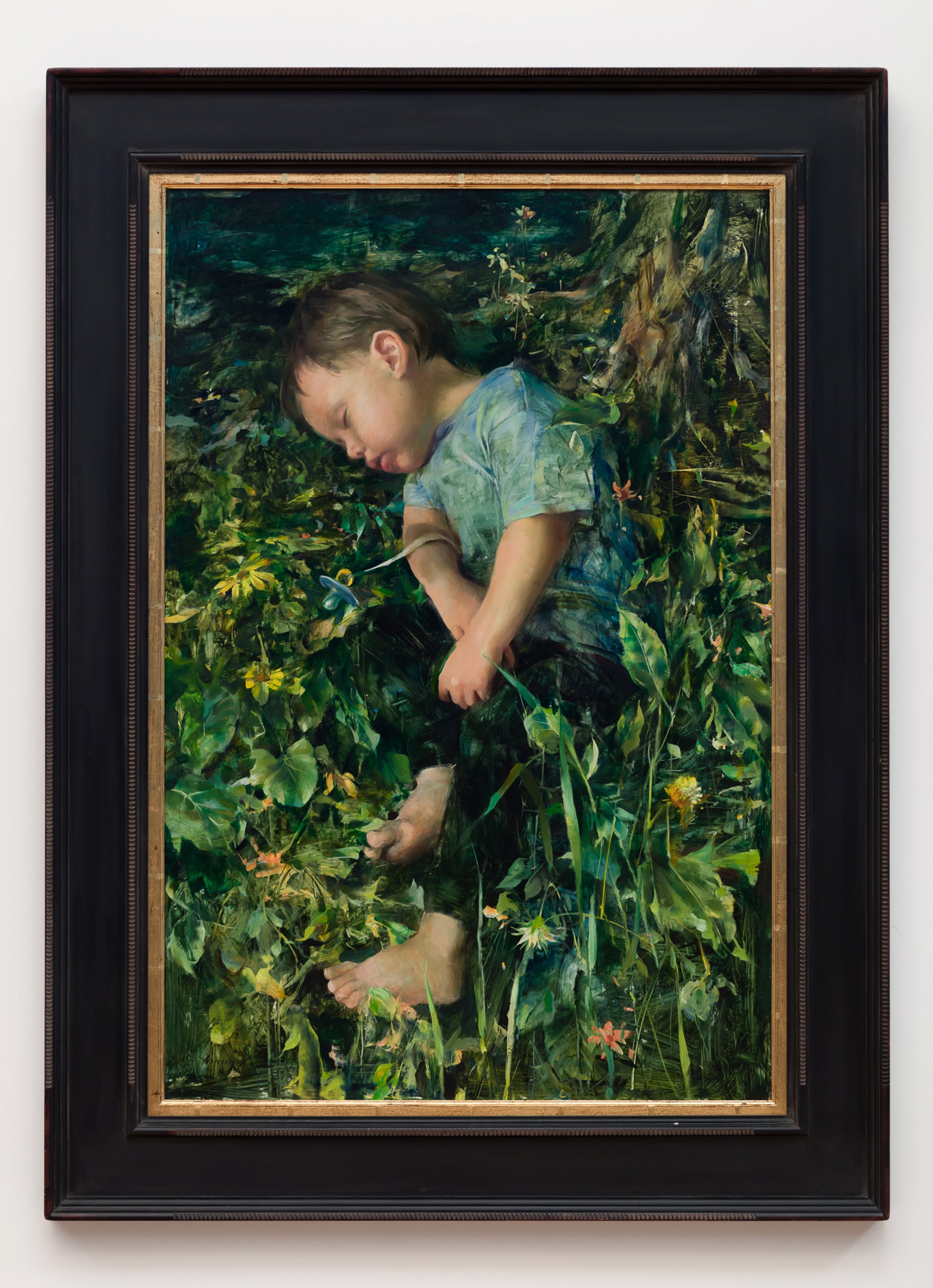 A painting of a child sitting in the grass.