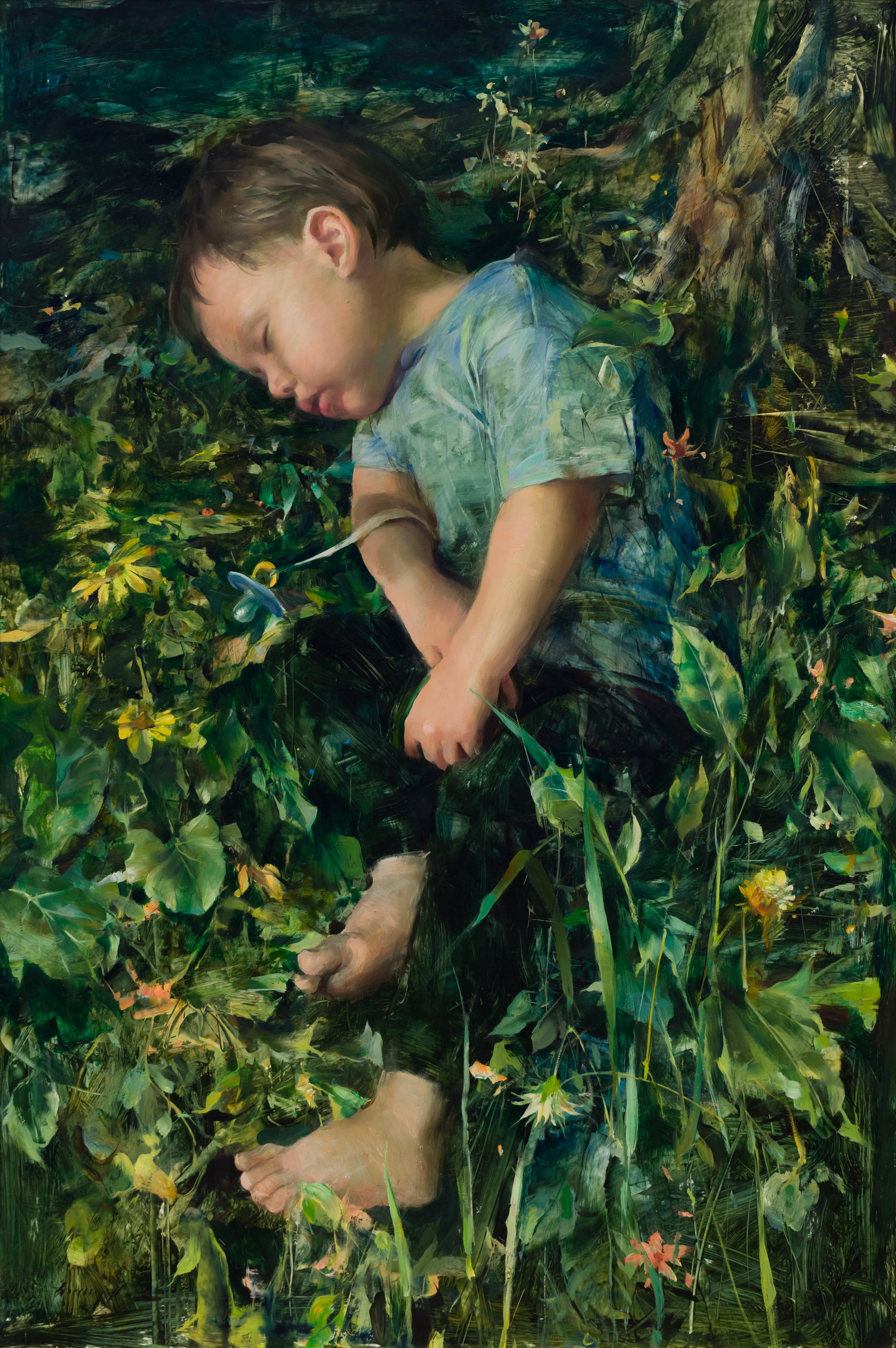 A painting of a child sitting in the grass.