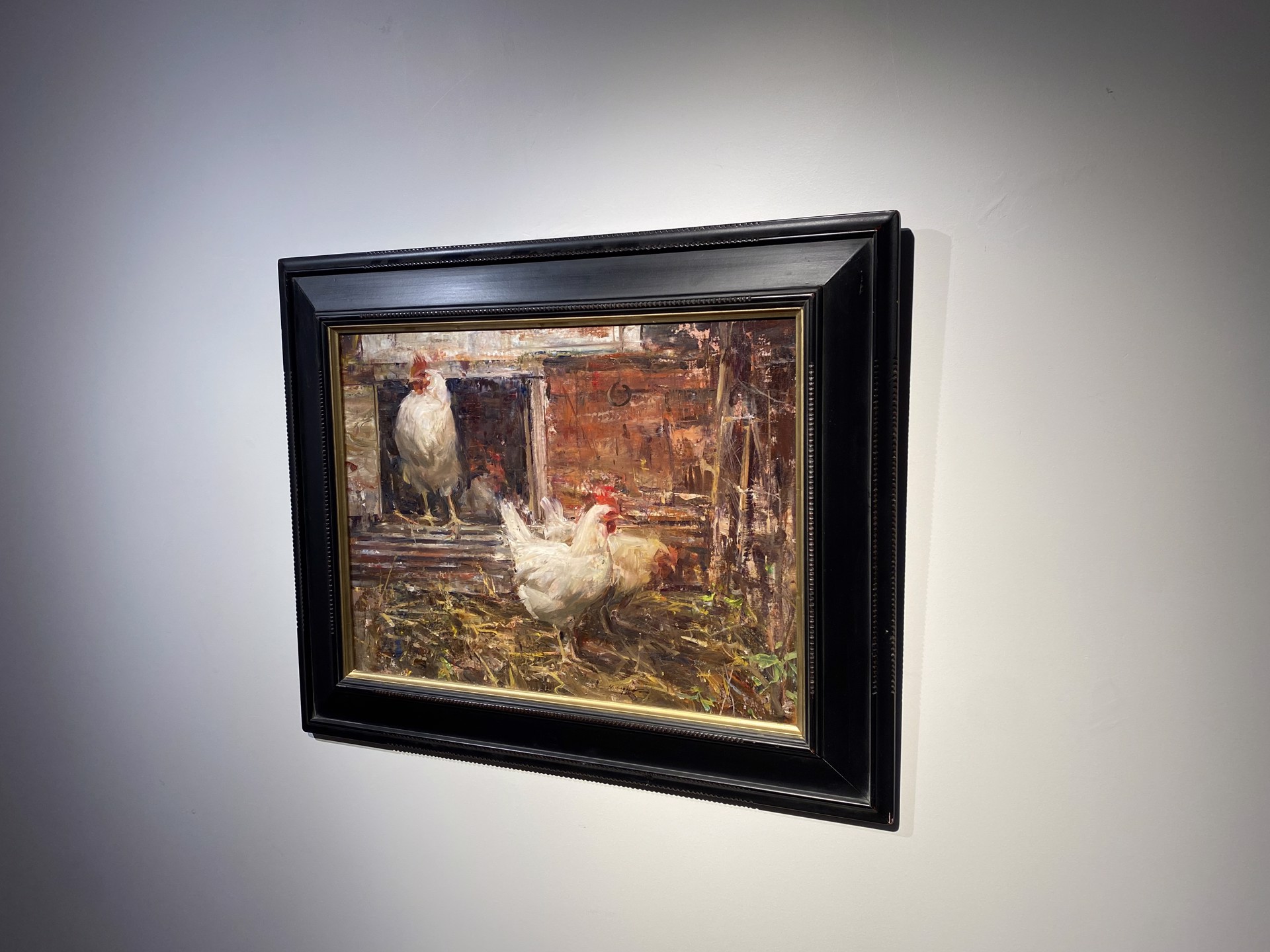 A painting of two white chickens standing in a barn.