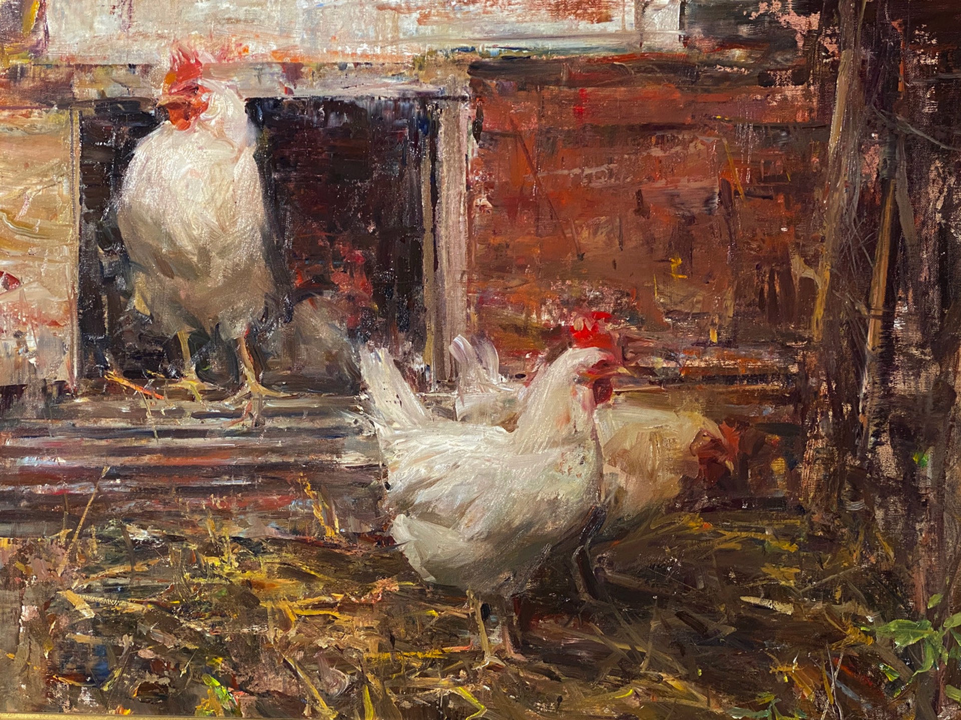 A painting of two white chickens standing in a barn.