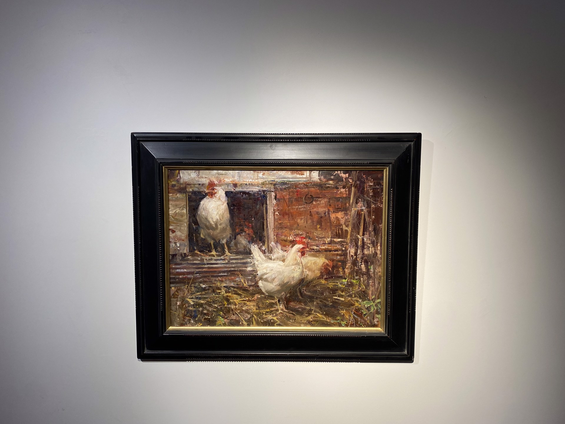 A painting of two white chickens standing in a barn.
