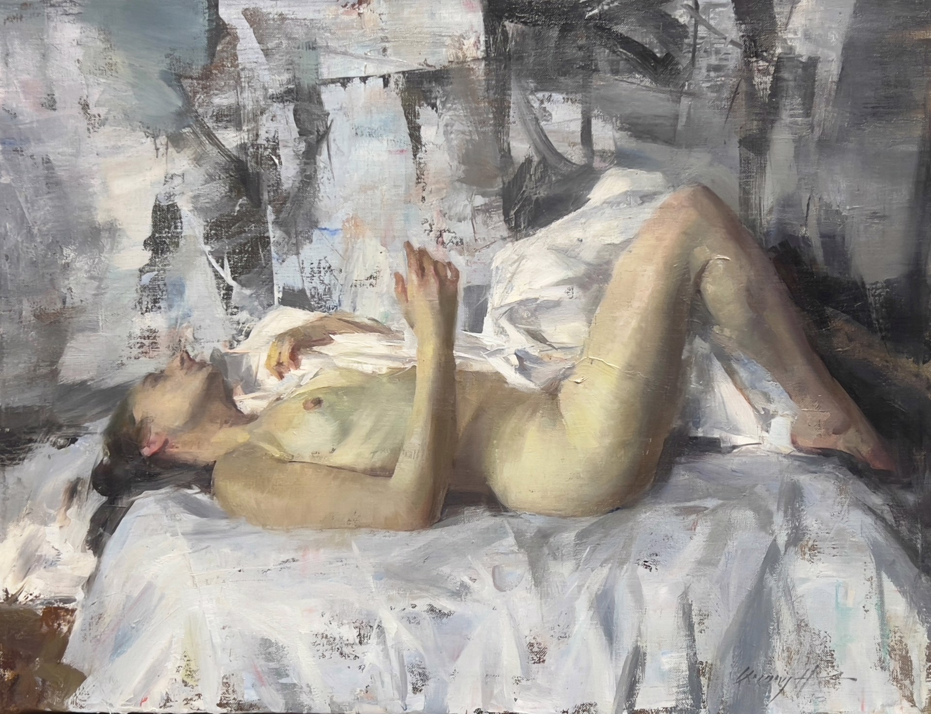 A painting of a woman laying on a bed.