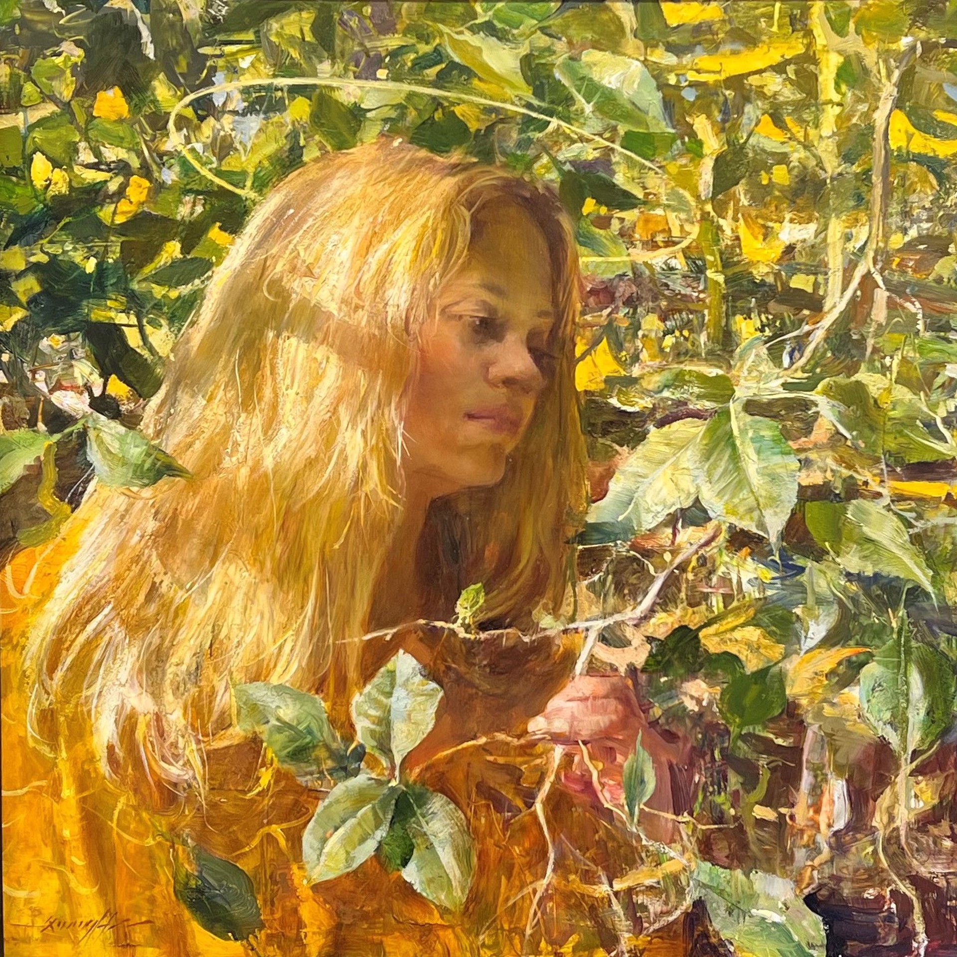 A painting of a woman in a yellow dress in a garden.