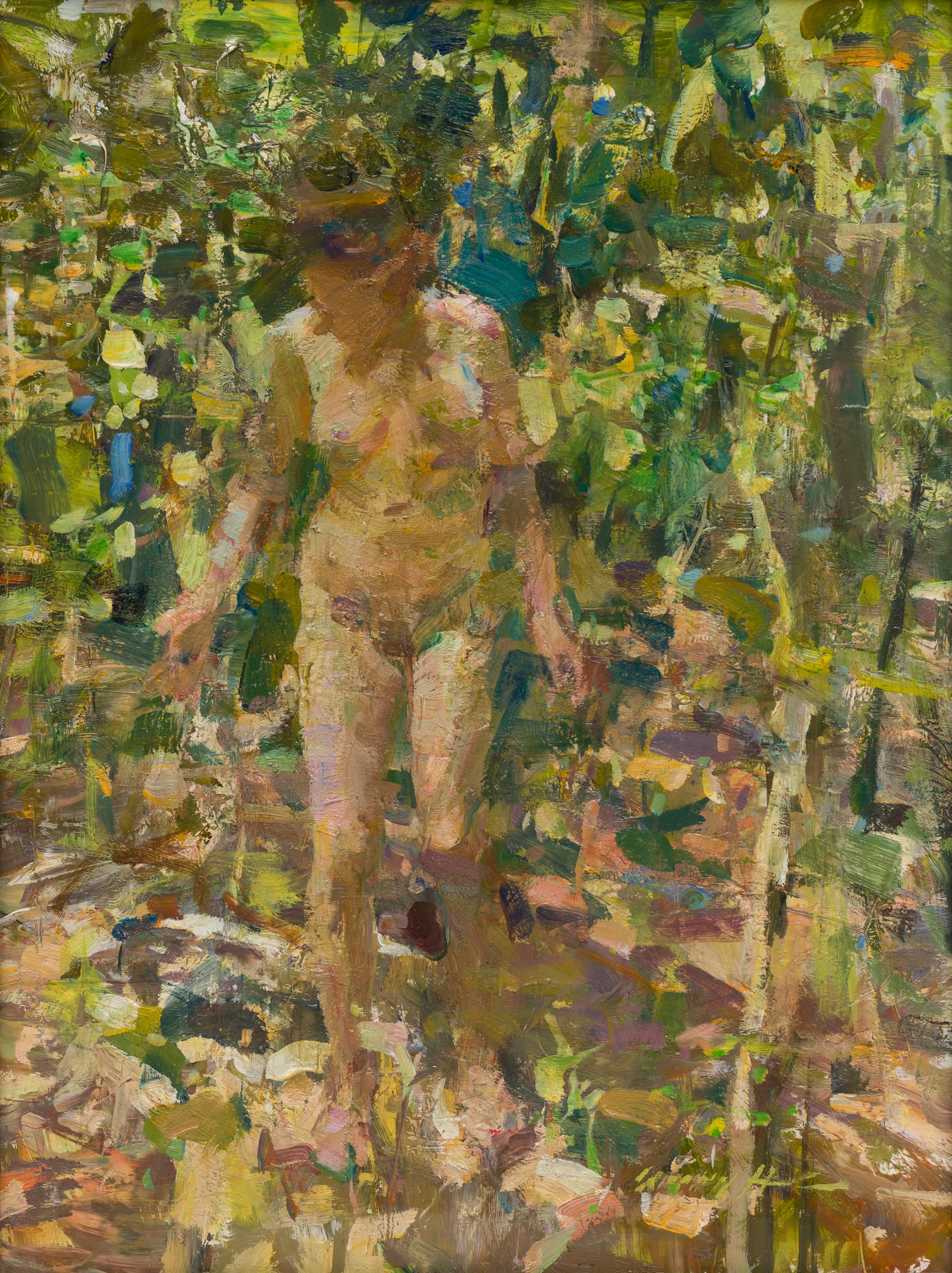 A figure stands amidst a dense, sun-dappled forest in an impressionistic painting.