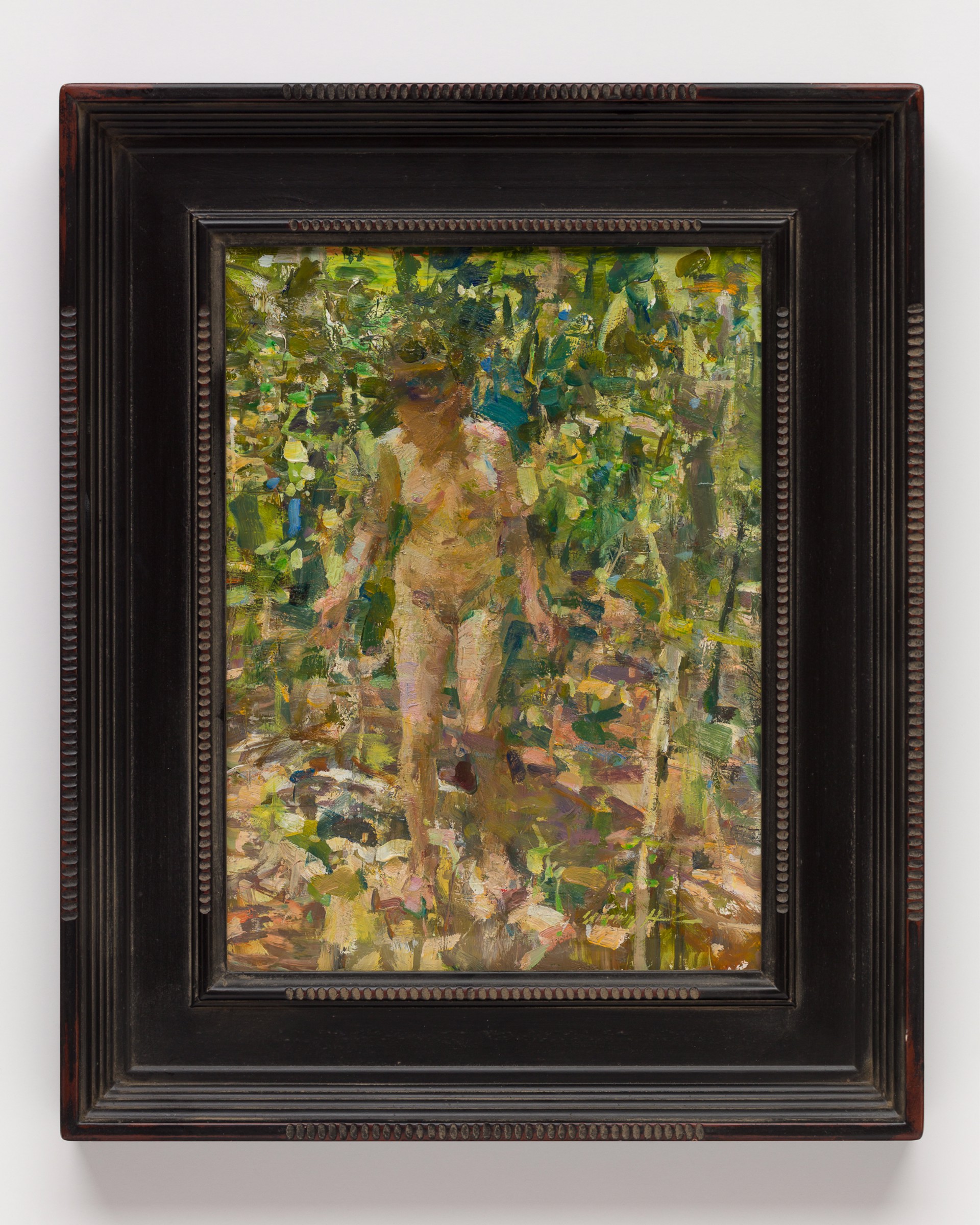 A figure stands amidst a dense, sun-dappled forest in an impressionistic painting.