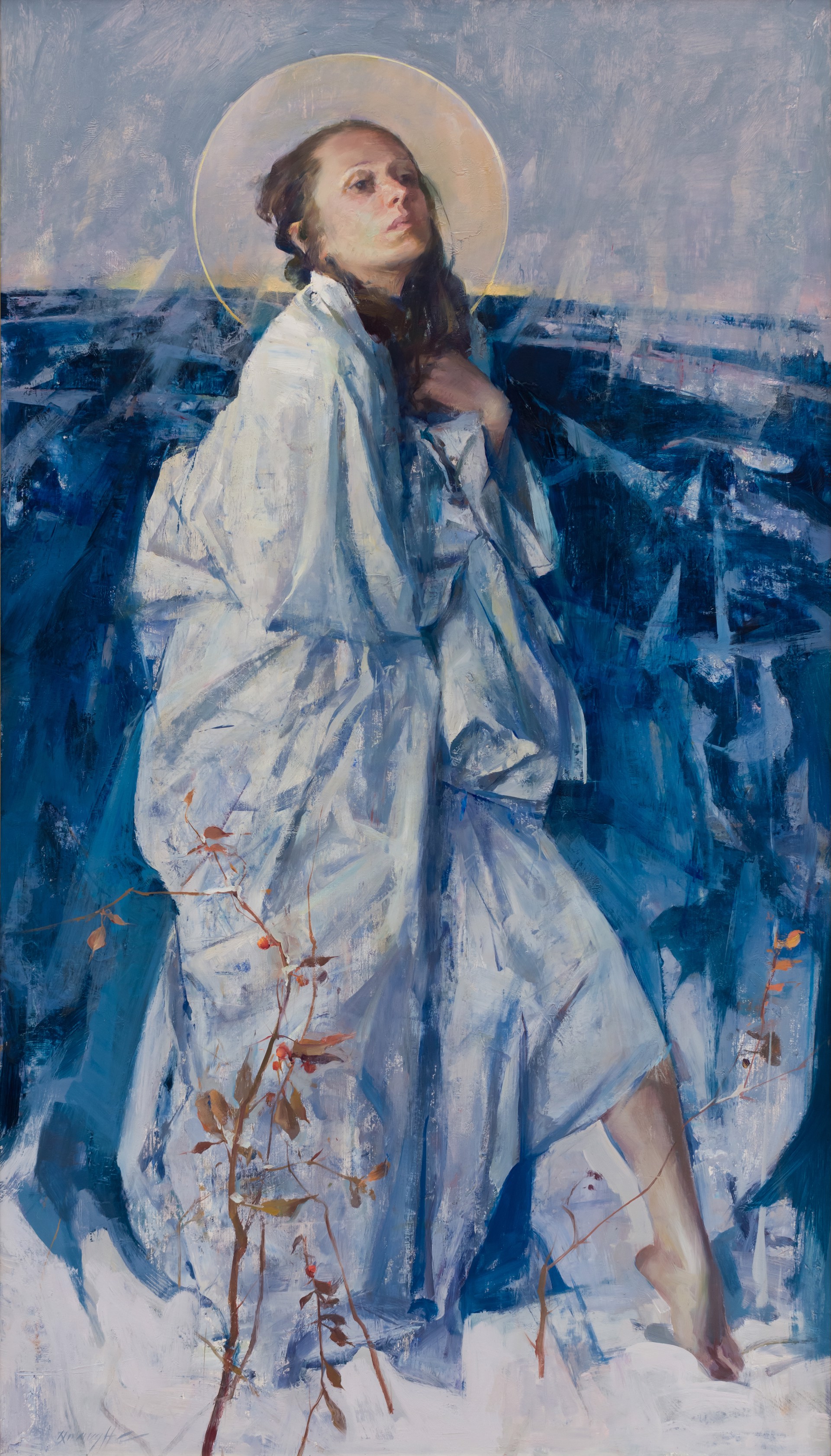 A painting of a woman in a white dress and hat.