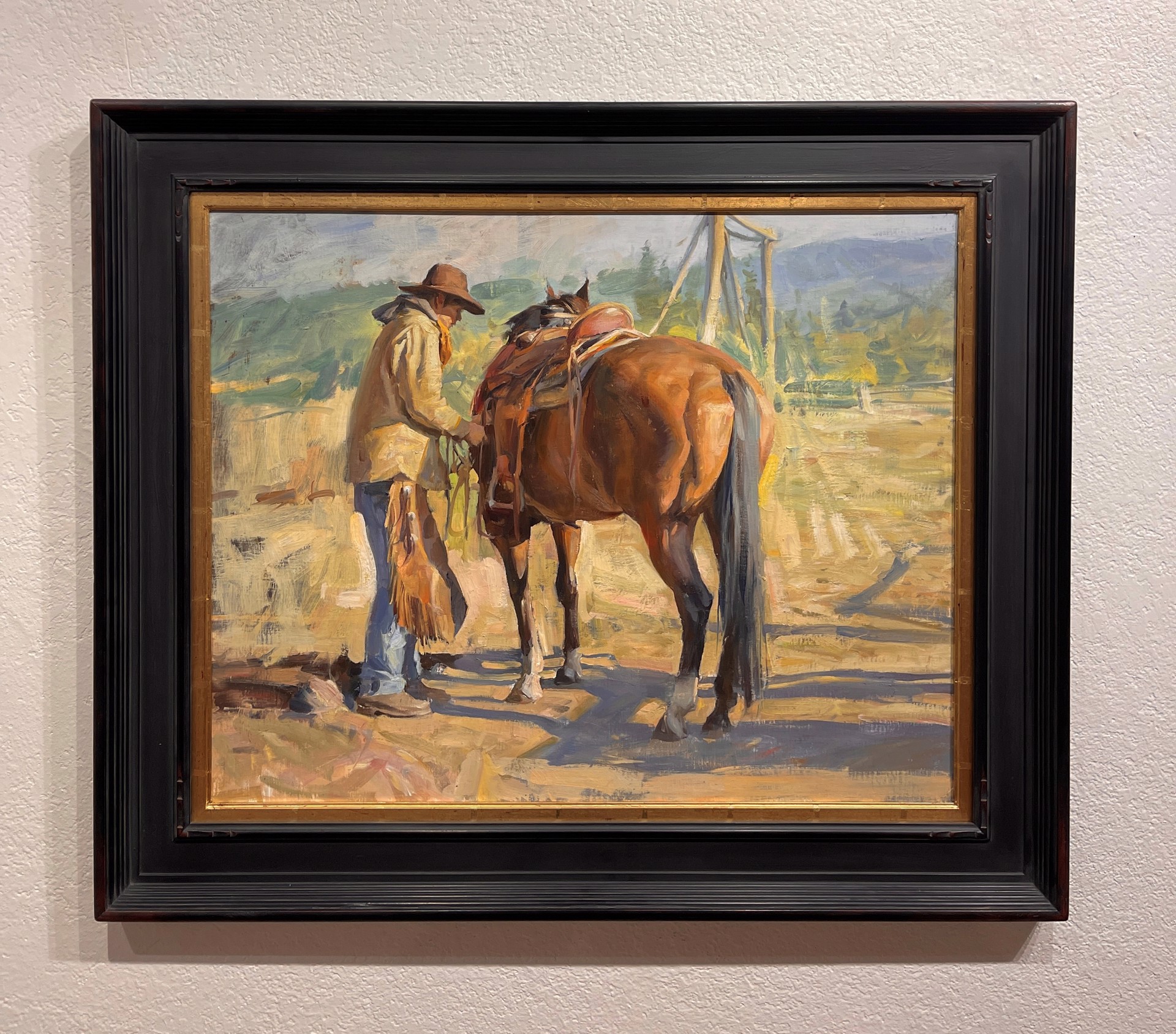 A painting of a man standing next to a brown horse.