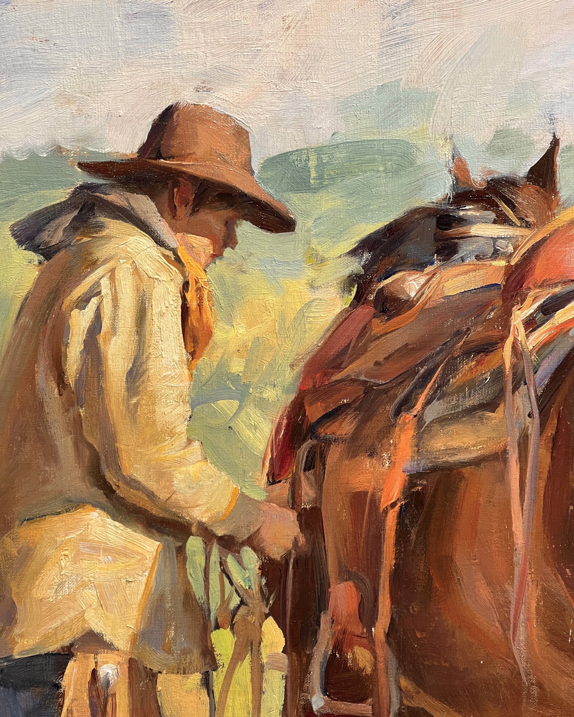 A painting of a man standing next to a brown horse.