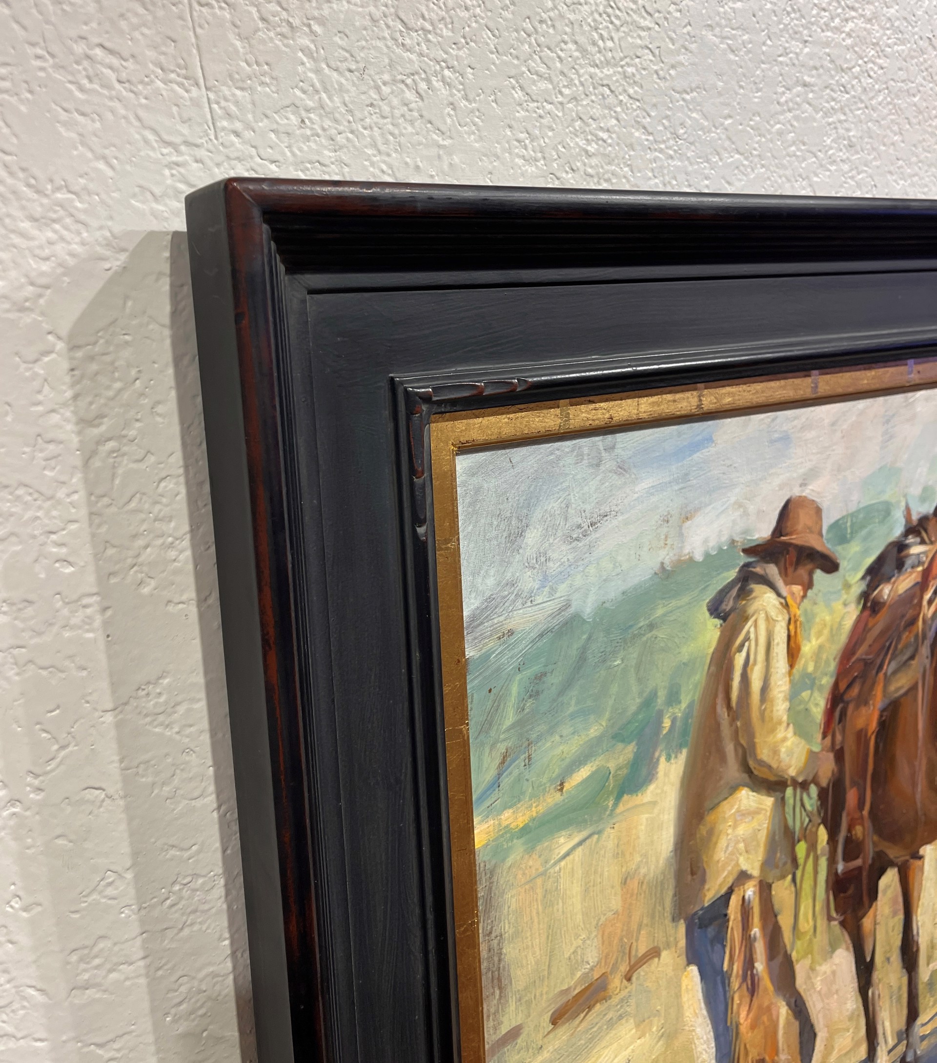 A painting of a man standing next to a brown horse.