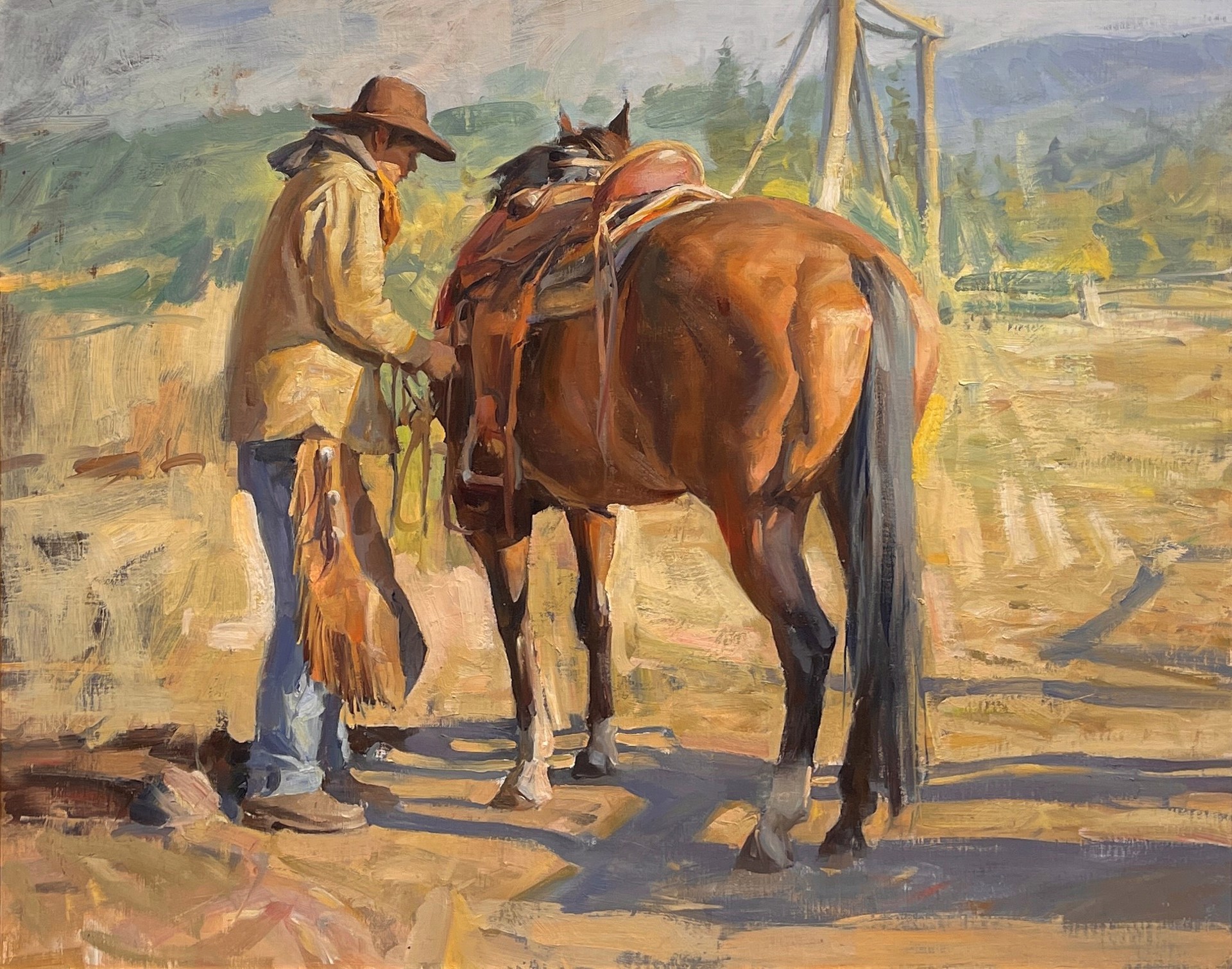 A painting of a man standing next to a brown horse.