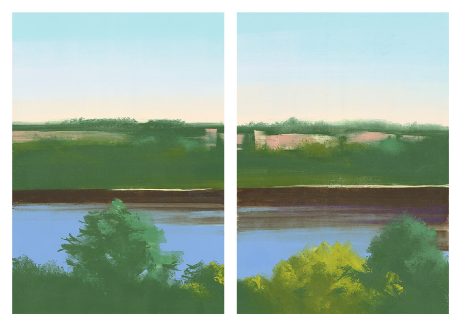 A painting of two pictures of a river and trees.