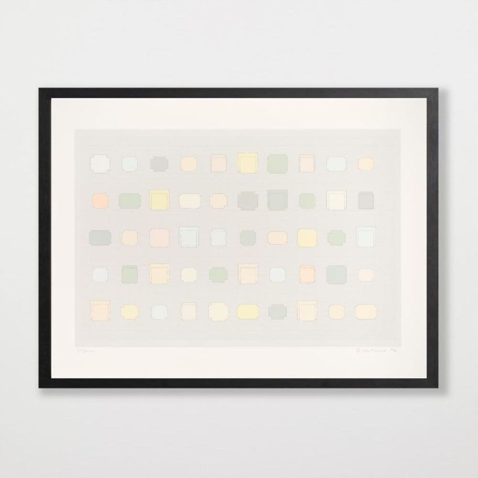 A framed print of a white wall with a black frame.