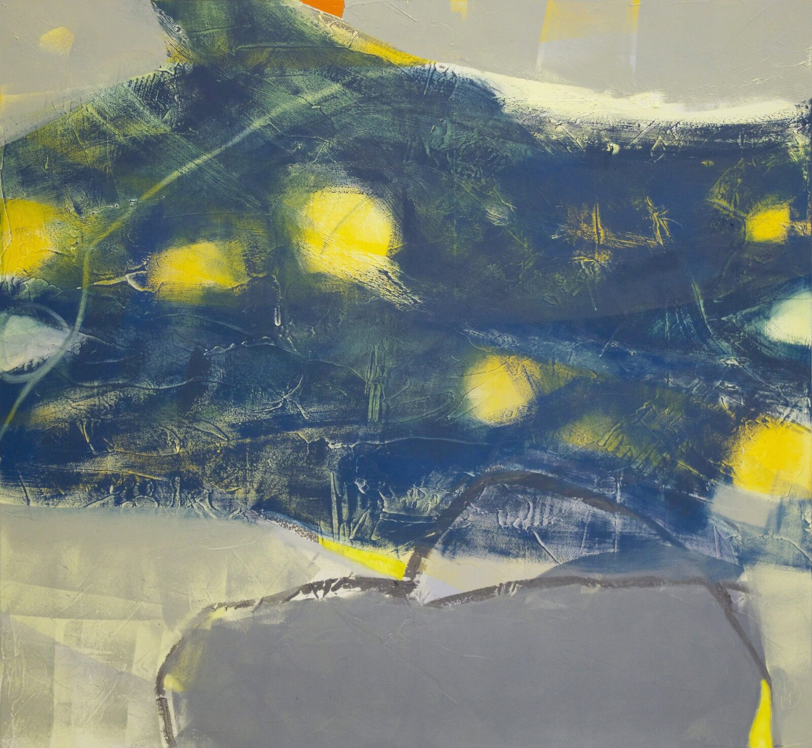 A painting of a blue and yellow abstract painting.
