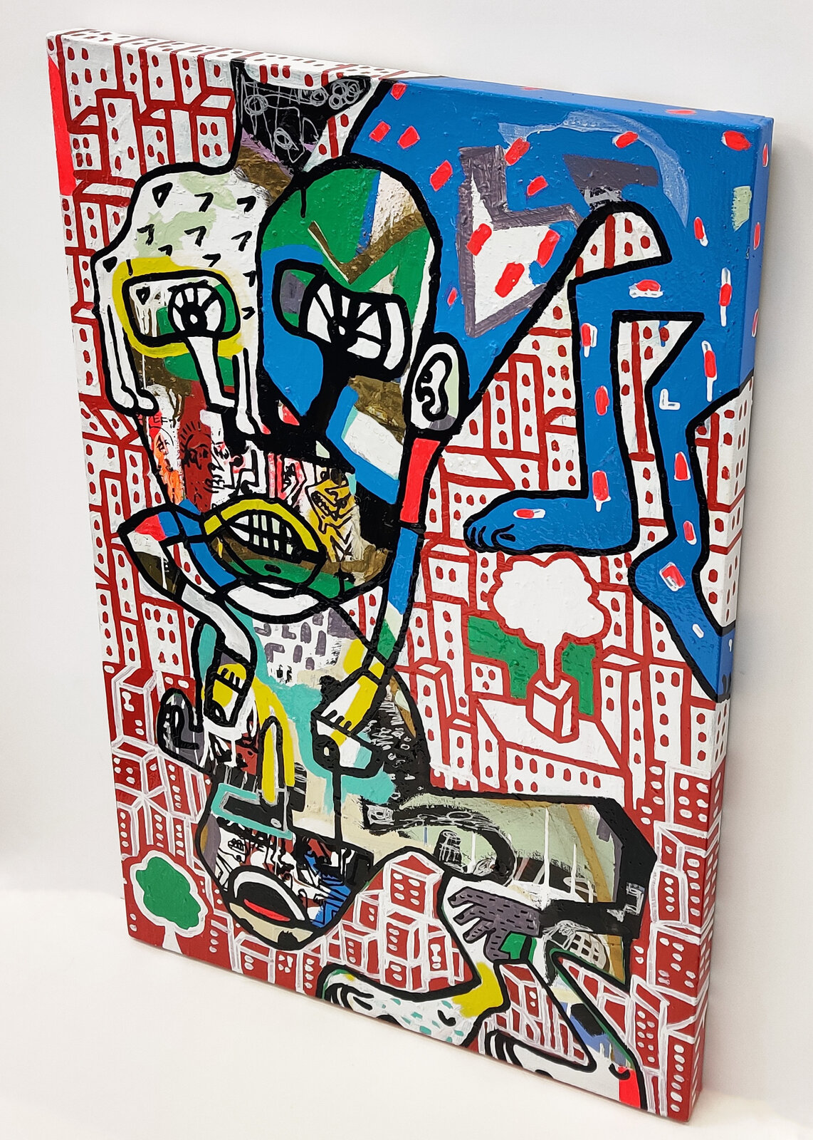 A chaotic, colorful collage-style painting of a fragmented figure amidst a red cityscape.