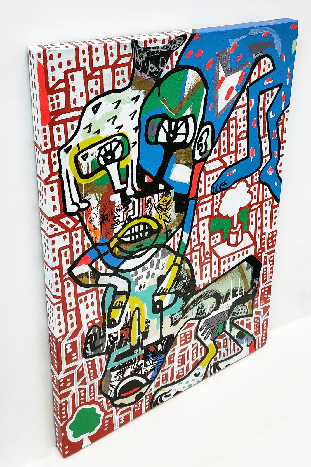 A chaotic, colorful collage-style painting of a fragmented figure amidst a red cityscape.